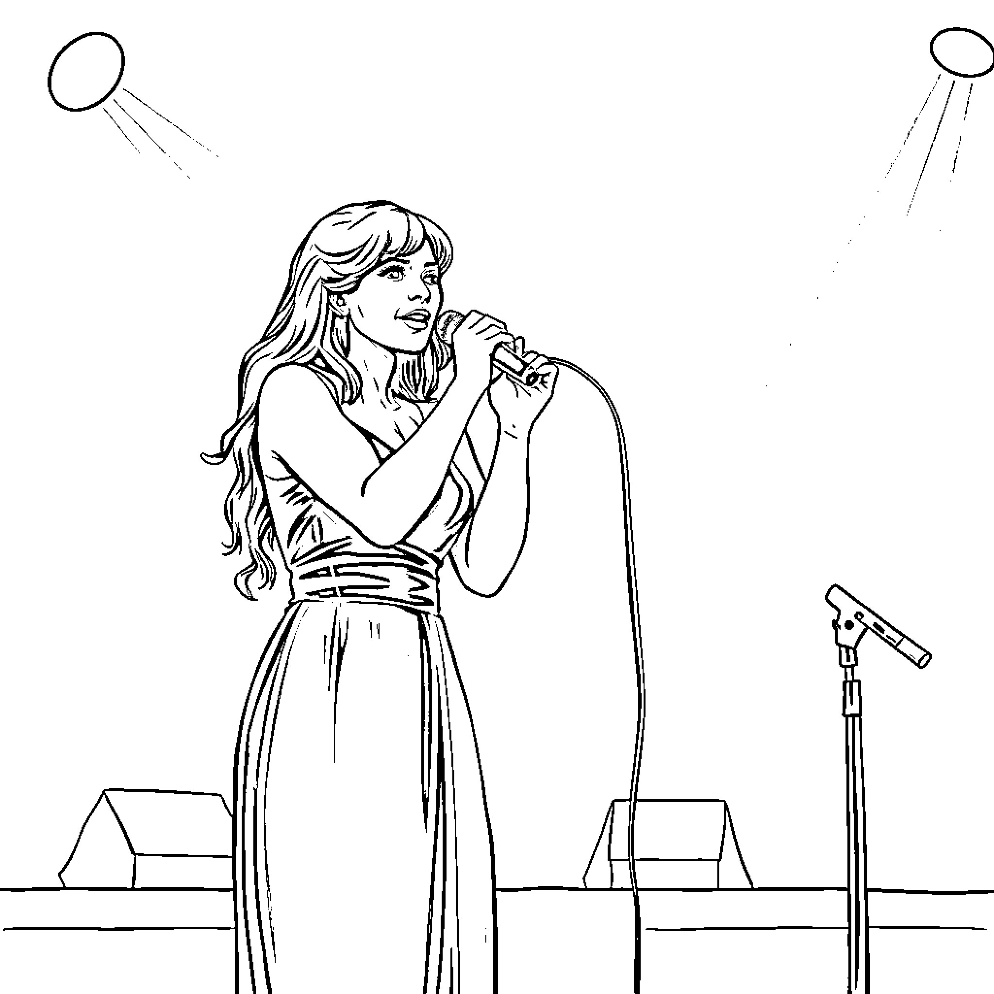 Emilia Mernes performing on stage Coloring Page (free black-and-white line drawing printable PDF for all, from beginners to advanced learners, including children, teens, adults, and seniors)