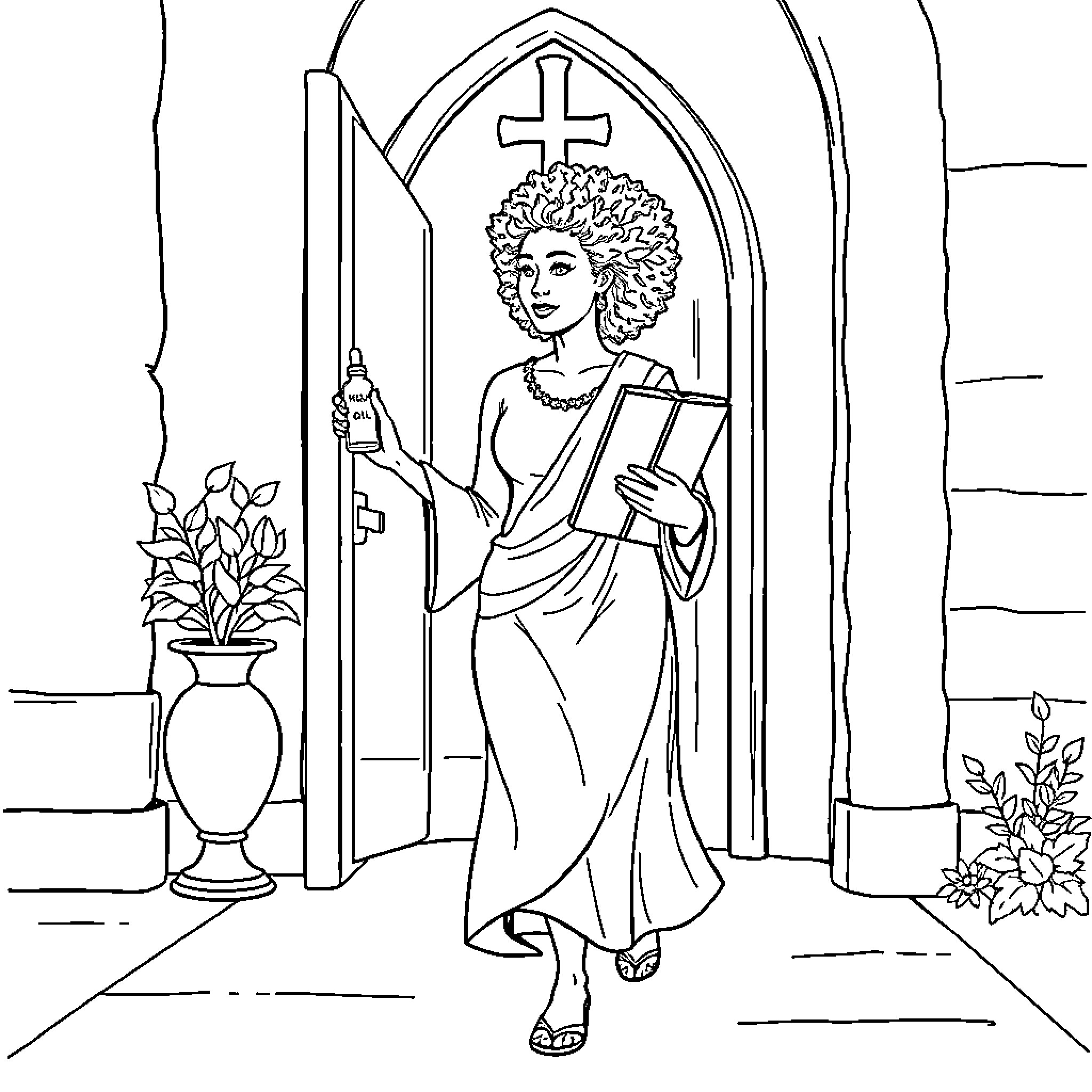 Woman carrying religious text in church Coloring Page (free black-and-white line drawing printable PDF for all, from beginners to advanced learners, including children, teens, adults, and seniors)