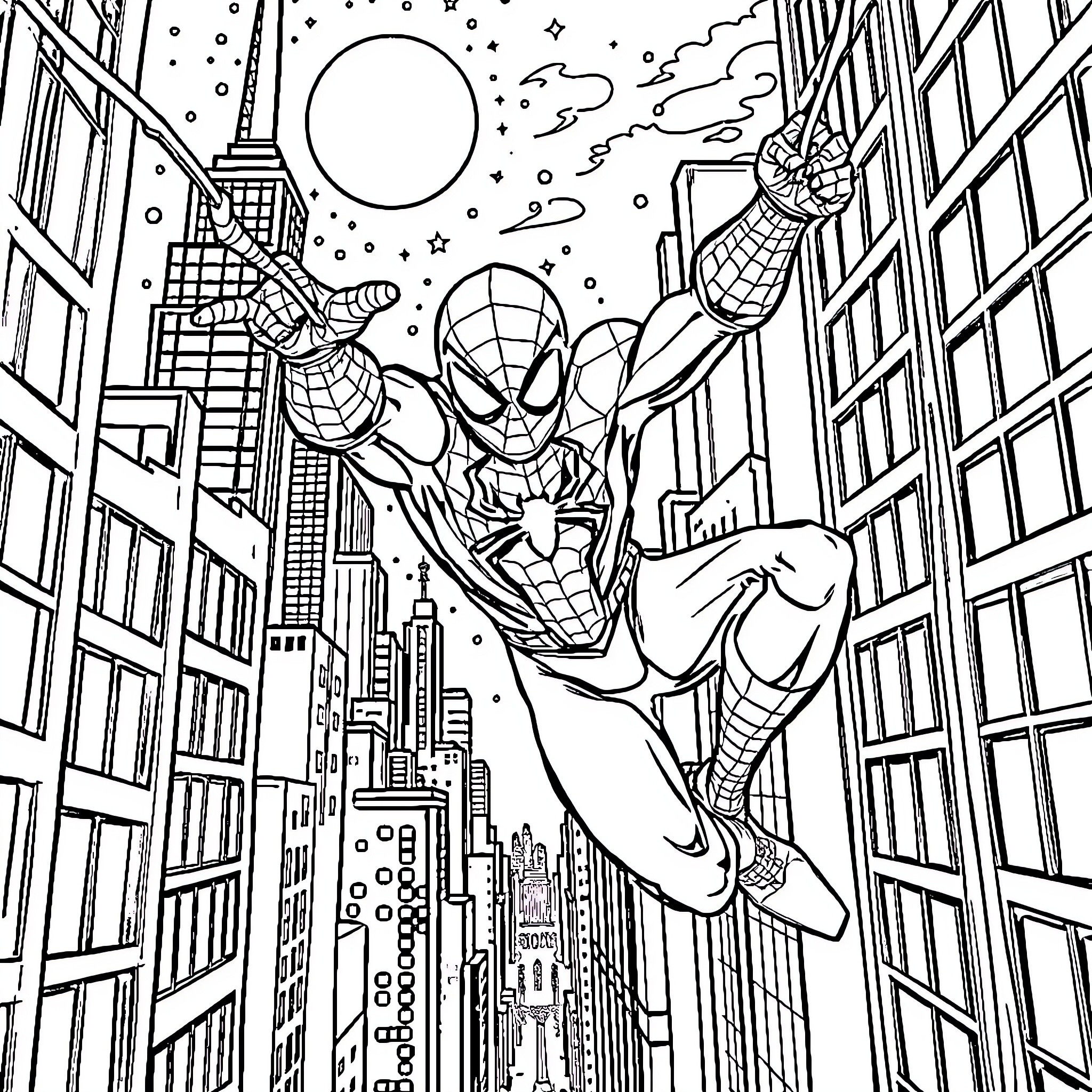 Spider-Man swinging through the city skyline Coloring Page (free black-and-white line drawing printable PDF for all, from beginners to advanced learners, including children, teens, adults, and seniors)