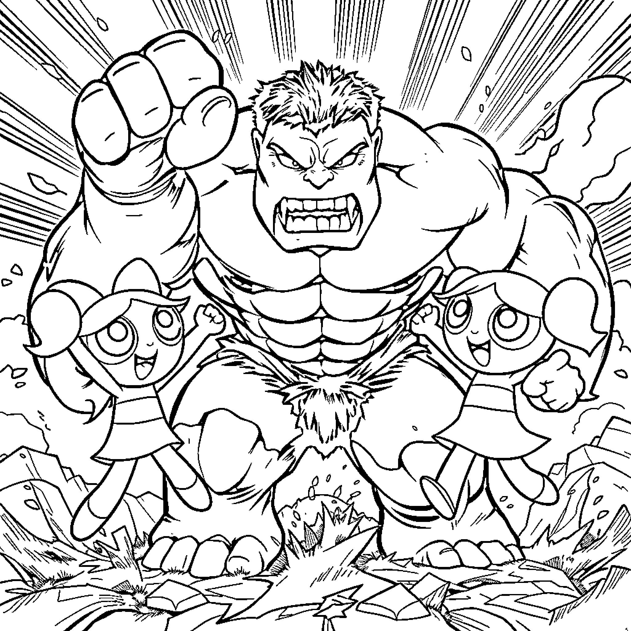 Powerpuff Girls face a ferocious monster Coloring Page (free black-and-white line drawing printable PDF for all, from beginners to advanced learners, including children, teens, adults, and seniors)