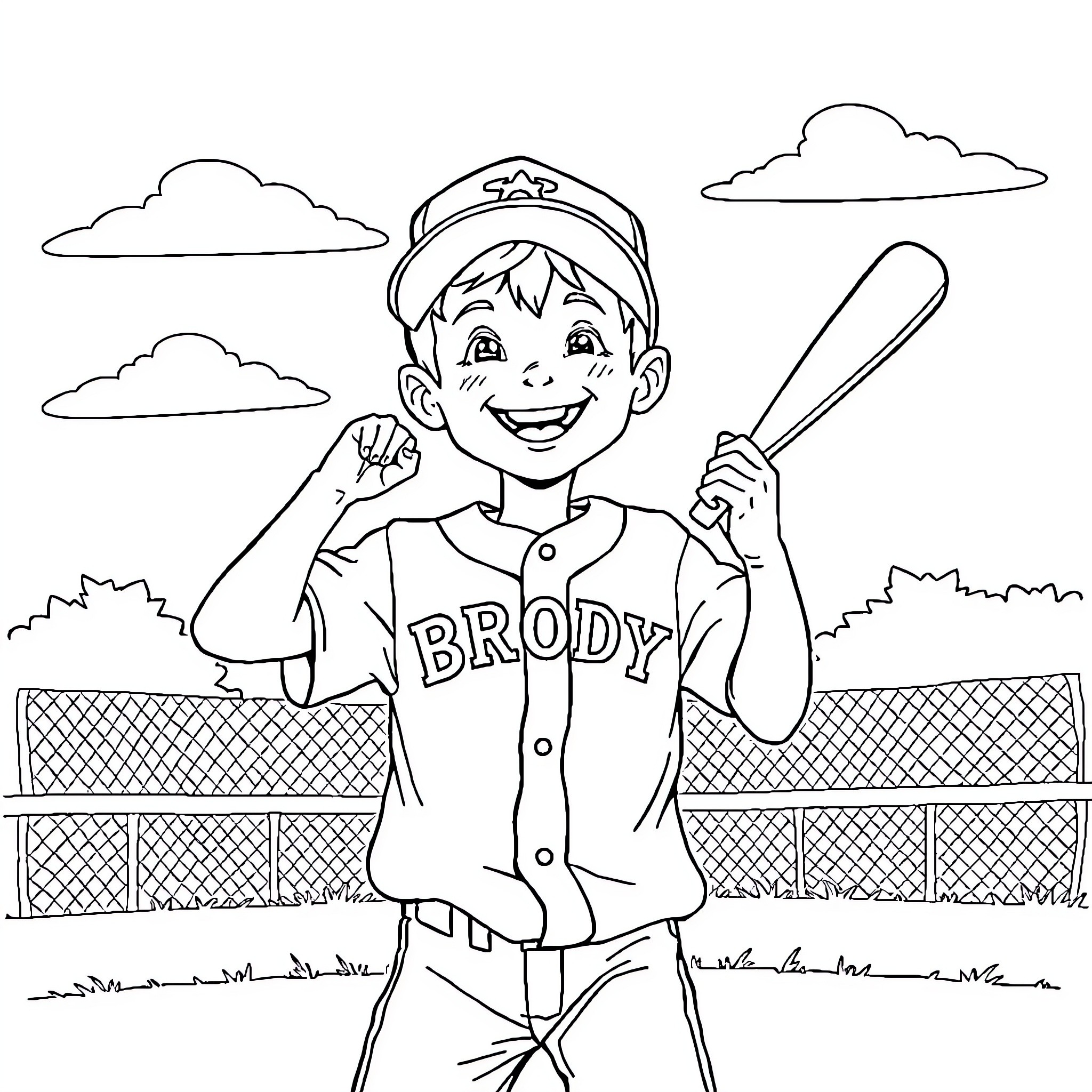 Boy in baseball uniform playing on the field Coloring Page (free black-and-white line drawing printable PDF for all, from beginners to advanced learners, including children, teens, adults, and seniors)