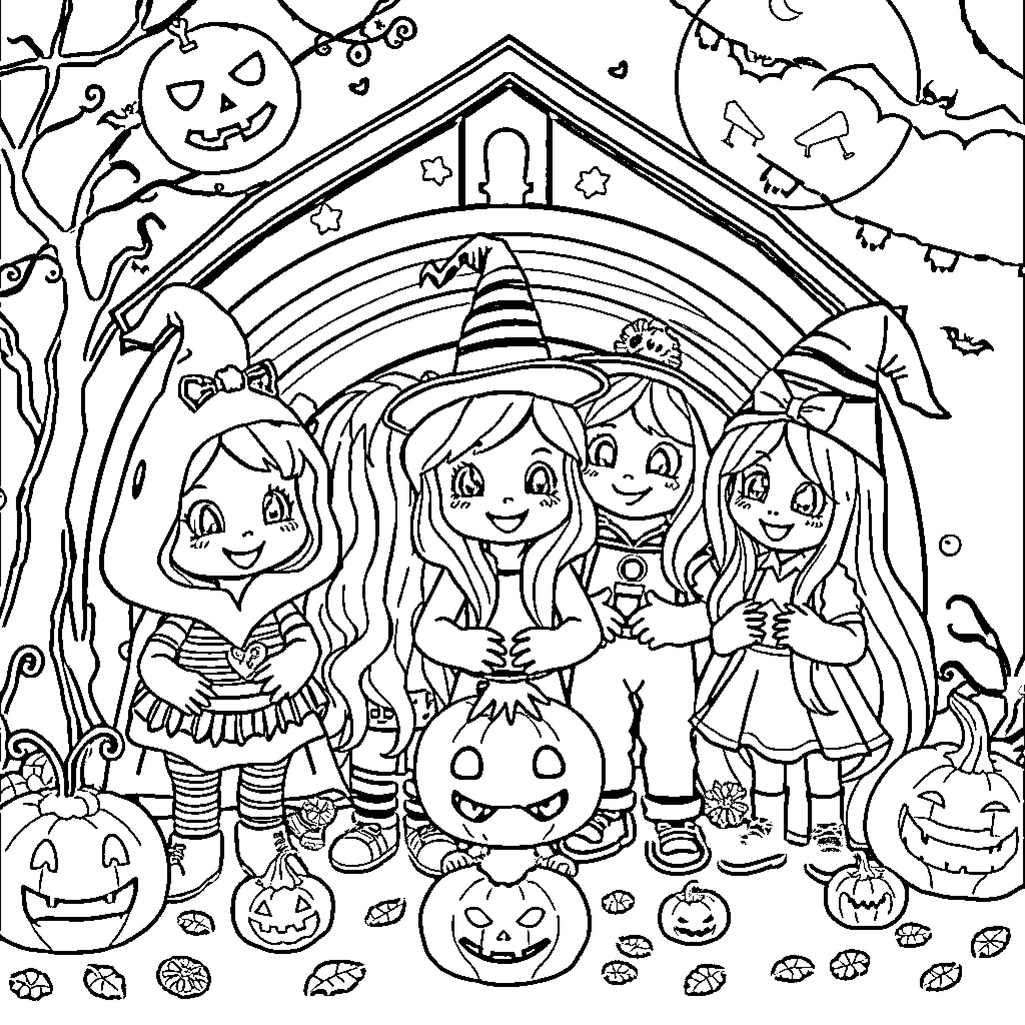 Rainbow Friend's Halloween Party Celebration Coloring Page (free black-and-white line drawing printable PDF for all, from beginners to advanced learners, including children, teens, adults, and seniors)