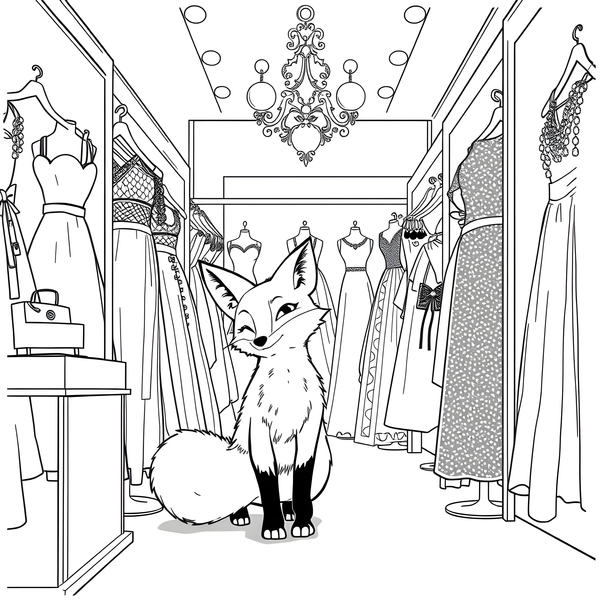 Fox exploring a fashion boutique Coloring Page (free black-and-white line drawing printable PDF for all, from beginners to advanced learners, including children, teens, adults, and seniors)