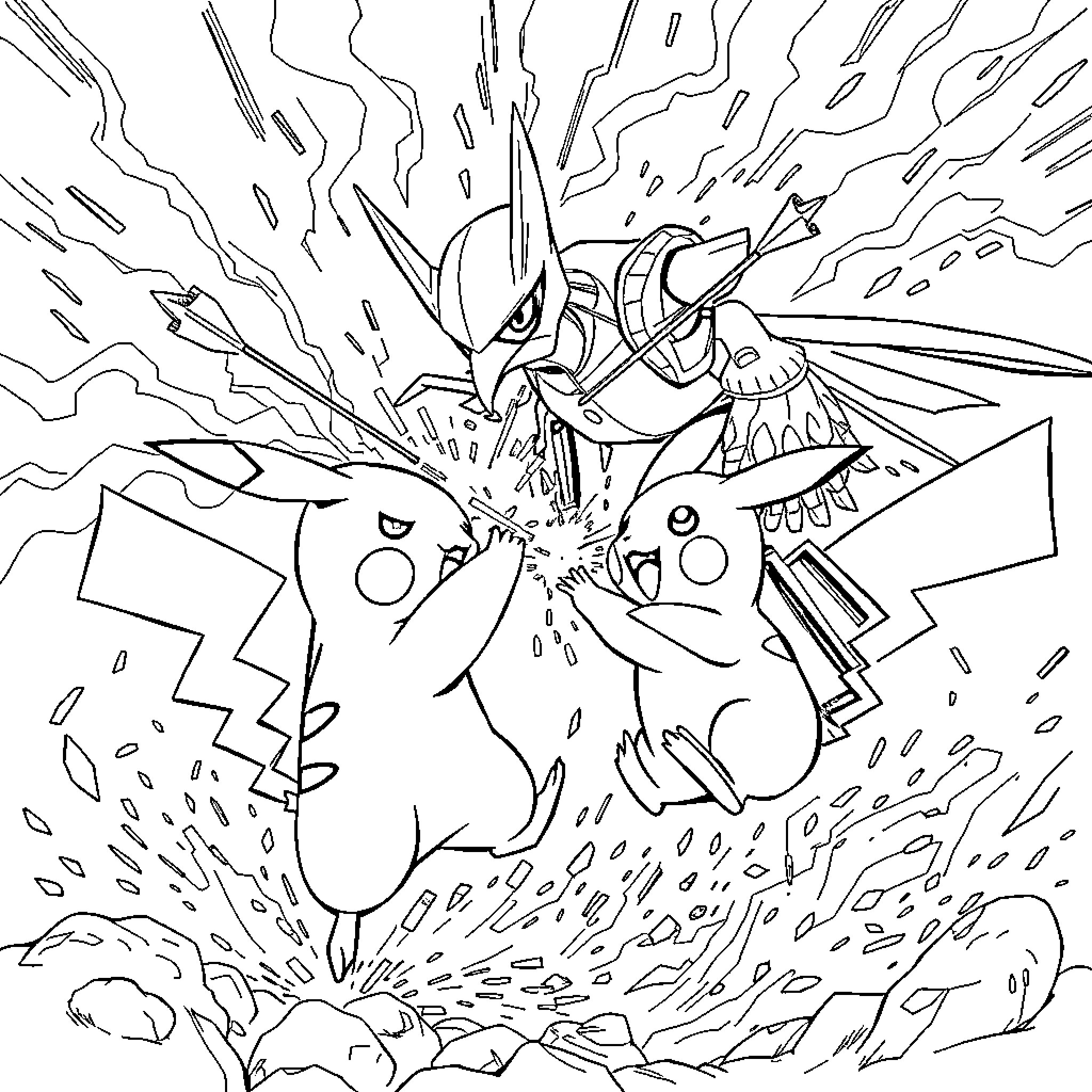 Pikachu Battling Ferocious Opponent in Intense Showdown Coloring Page (free black-and-white line drawing printable PDF for all, from beginners to advanced learners, including children, teens, adults, and seniors)
