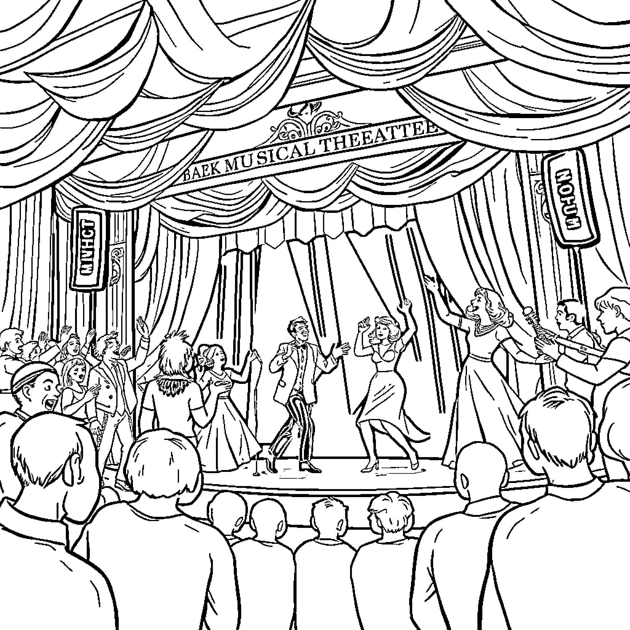 Musical Theater Performers Entertaining Audience Coloring Page (free black-and-white line drawing printable PDF for all, from beginners to advanced learners, including children, teens, adults, and seniors)