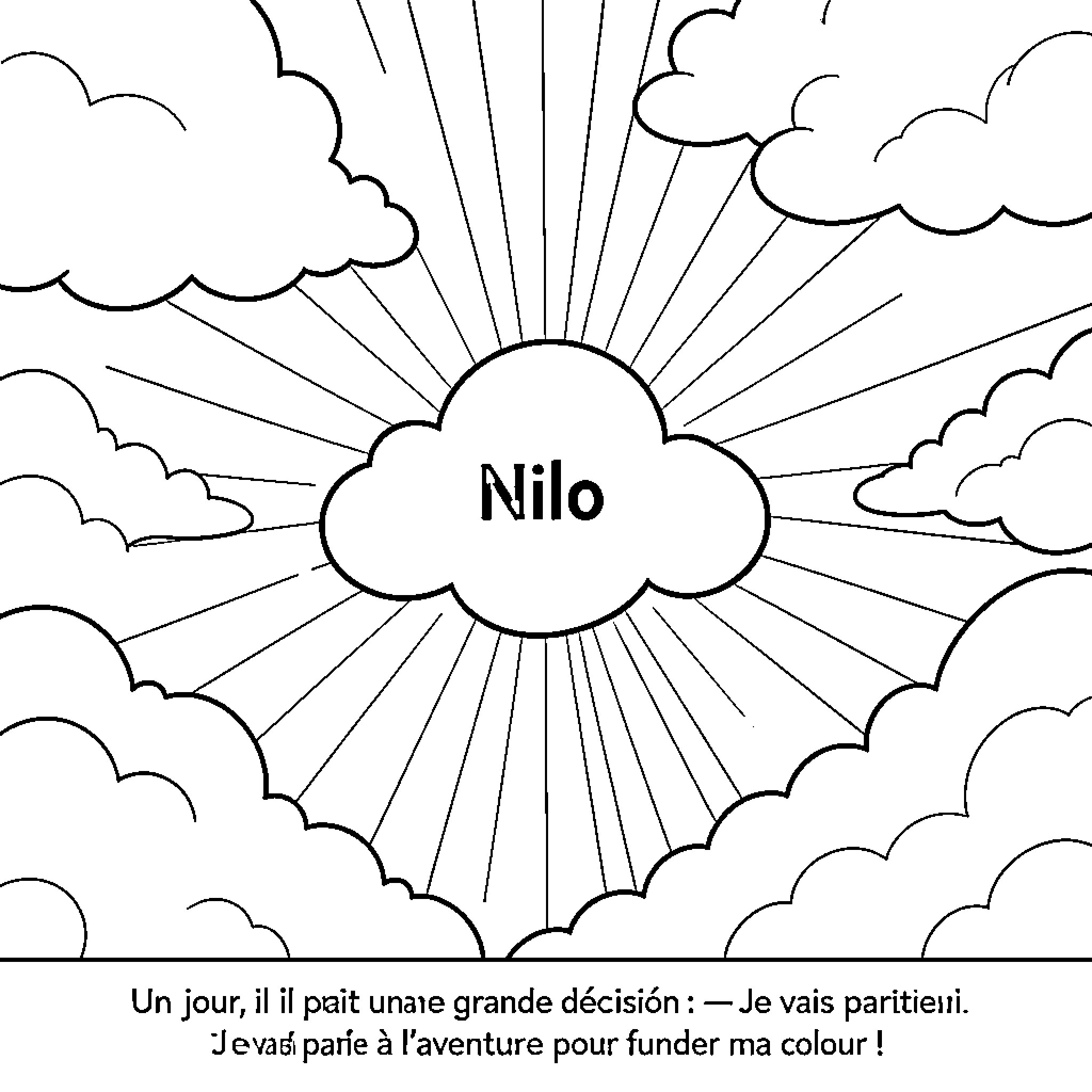 Cloud radiating bright sunbeams amidst a sky of clouds Coloring Page (free black-and-white line drawing printable PDF for all, from beginners to advanced learners, including children, teens, adults, and seniors)