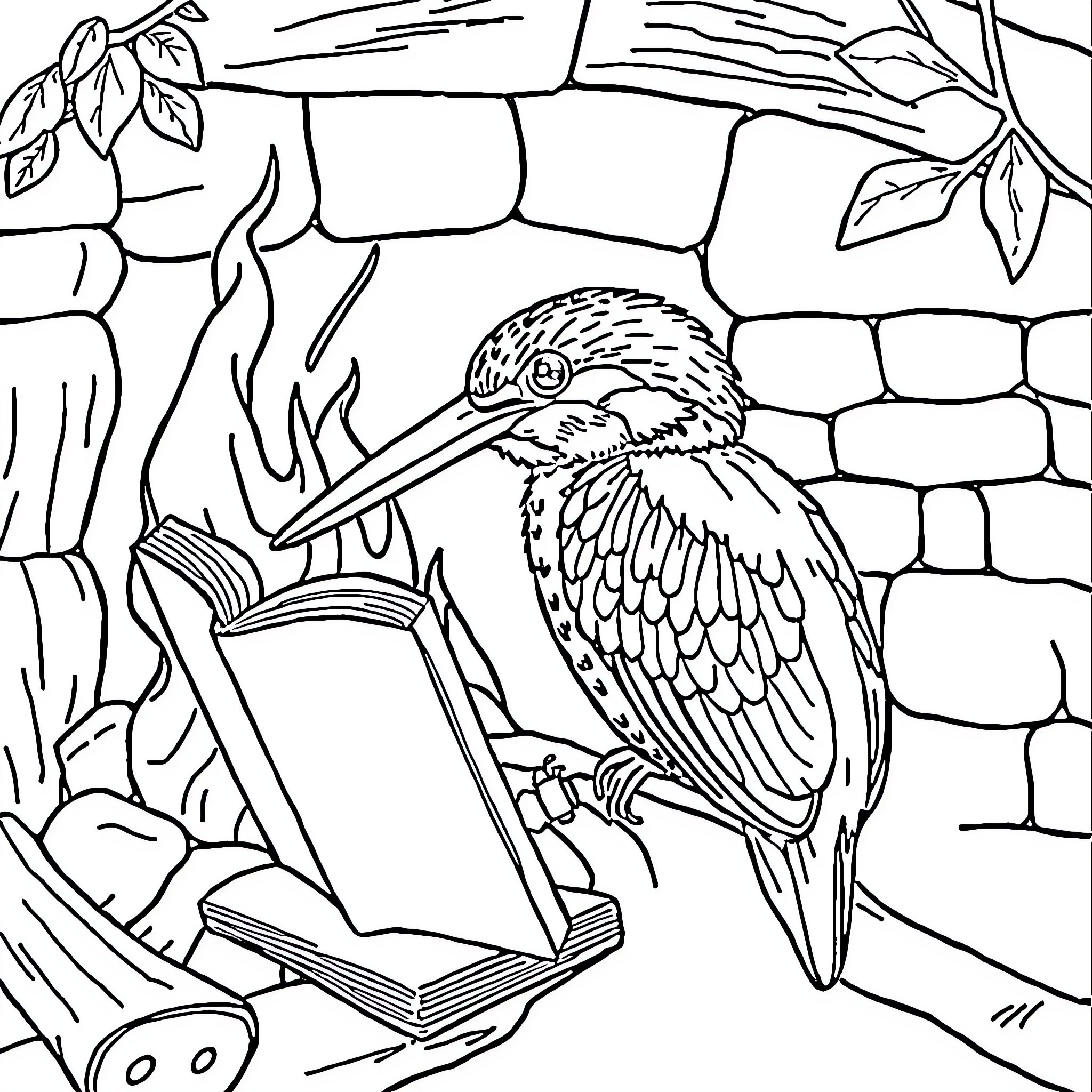 Kingfisher reading books in a tranquil woodland Coloring Page (free black-and-white line drawing printable PDF for all, from beginners to advanced learners, including children, teens, adults, and seniors)