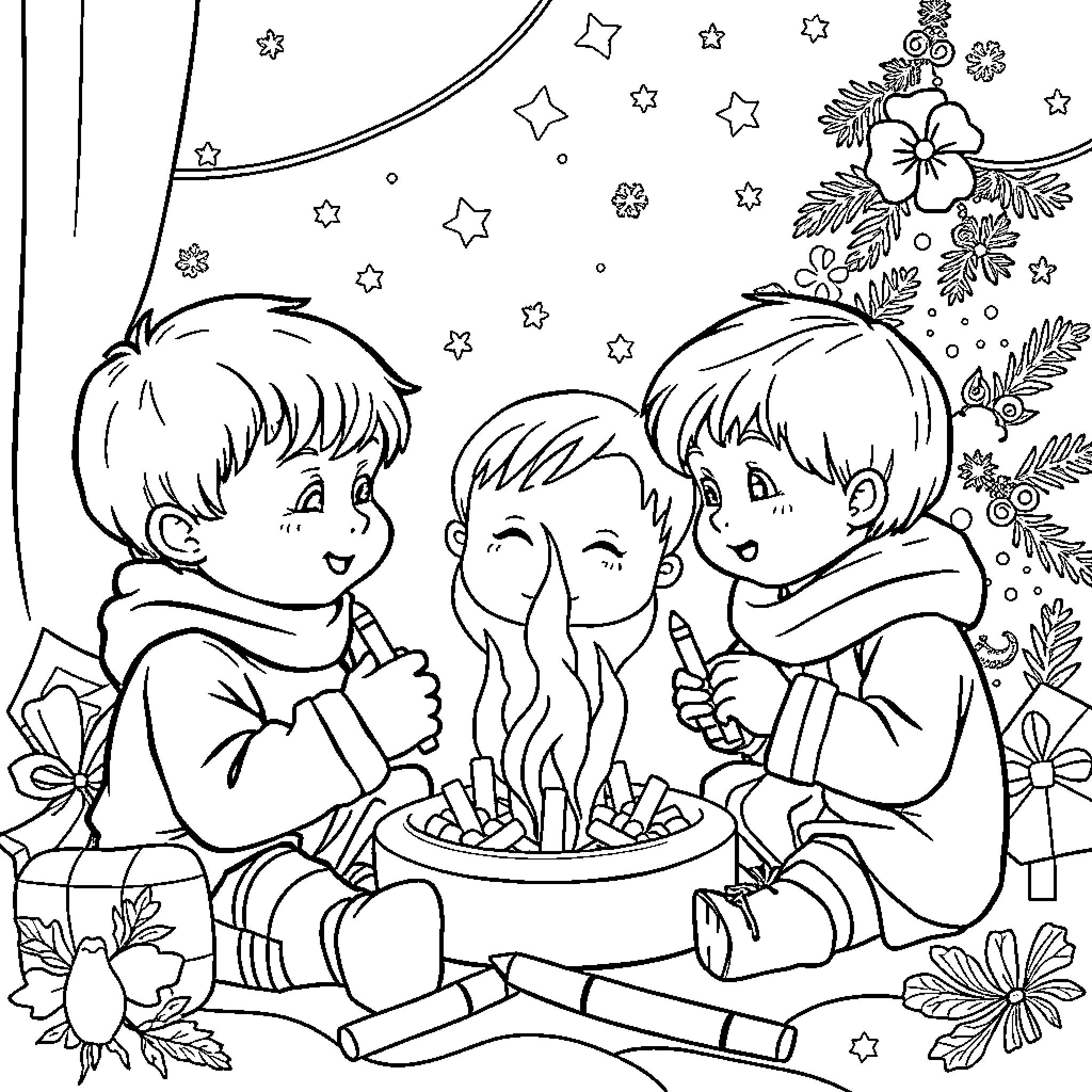 Toddlers Celebrating Around a Birthday Cake Coloring Page (free black-and-white line drawing printable PDF for all, from beginners to advanced learners, including children, teens, adults, and seniors)