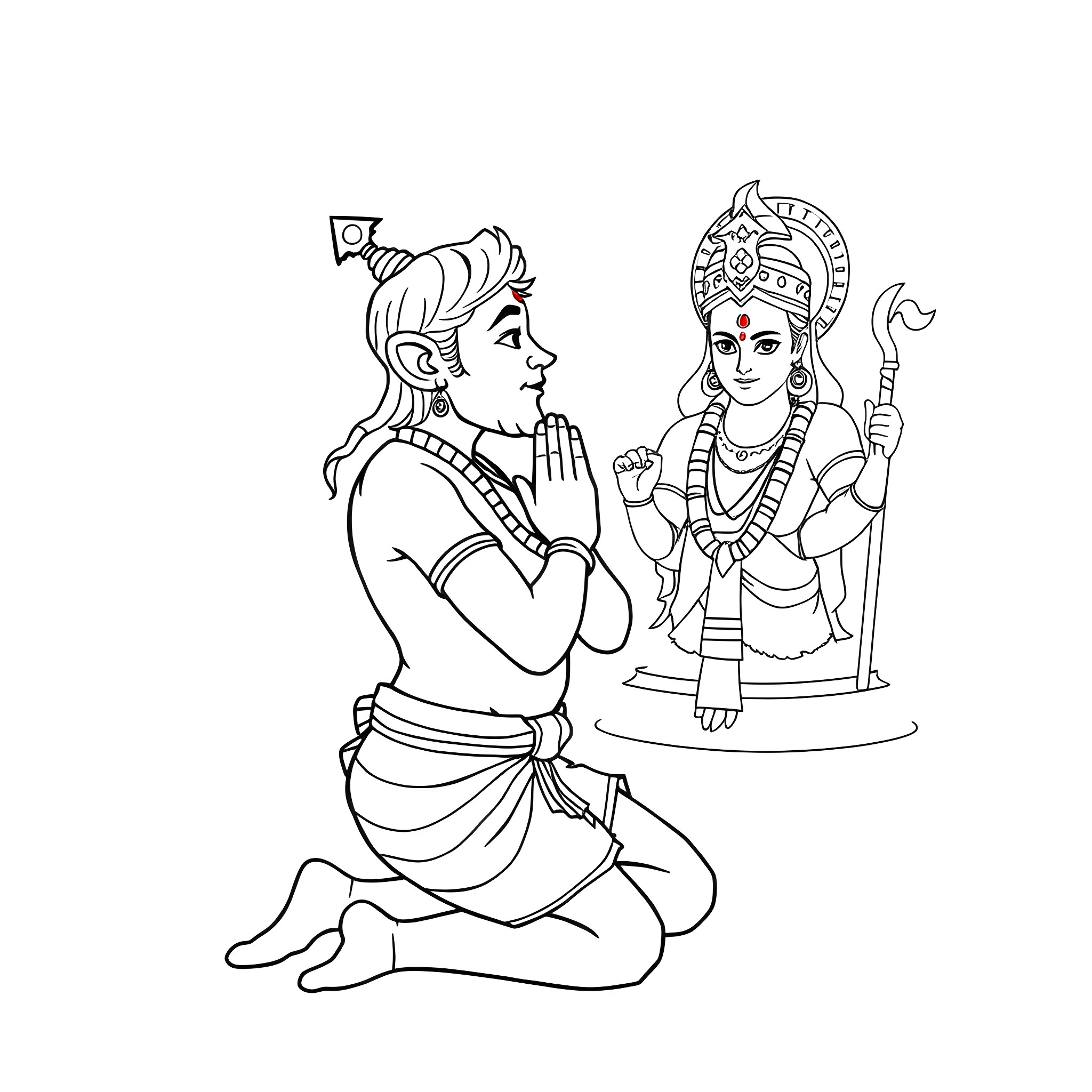 Hanuman praying before Goddess Durga Coloring Page (free black-and-white line drawing printable PDF for all, from beginners to advanced learners, including children, teens, adults, and seniors)