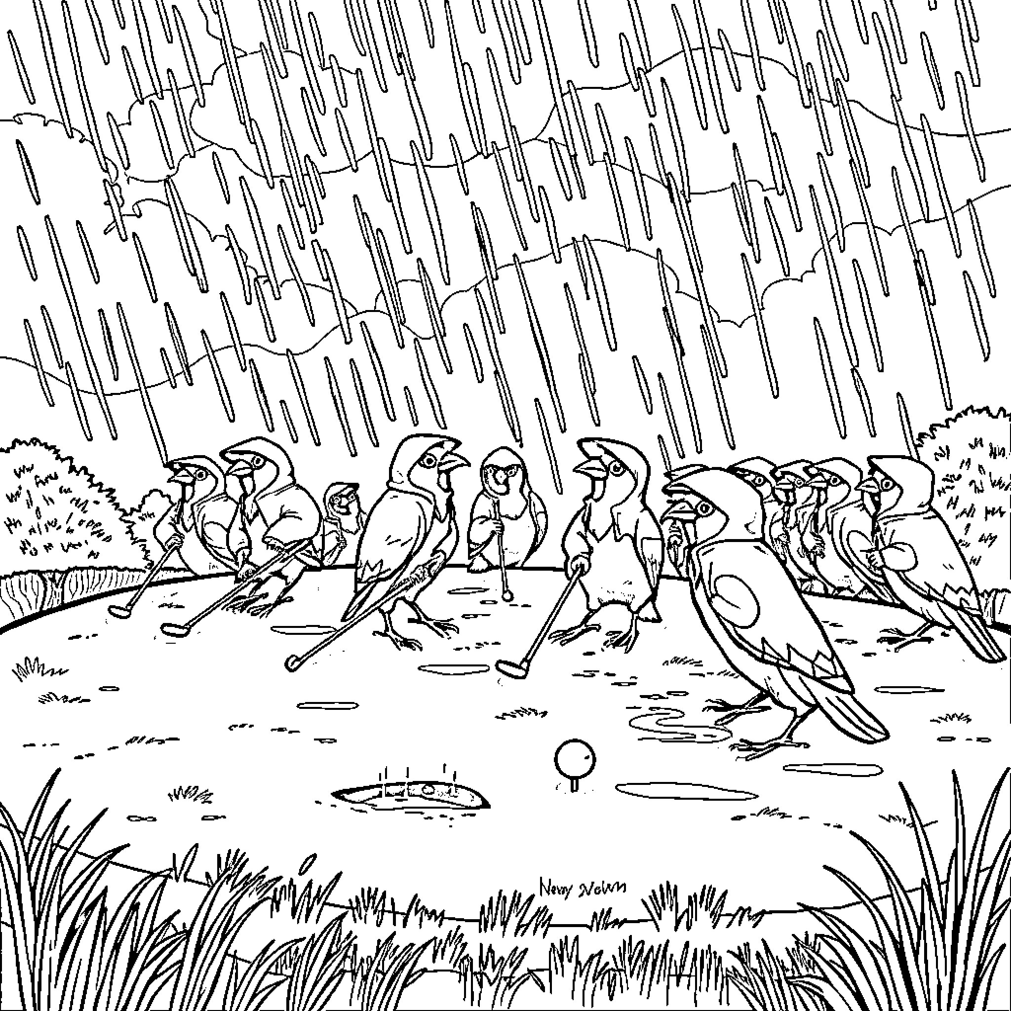 Bird group pecking on the ground during rainfall Coloring Page (free black-and-white line drawing printable PDF for all, from beginners to advanced learners, including children, teens, adults, and seniors)