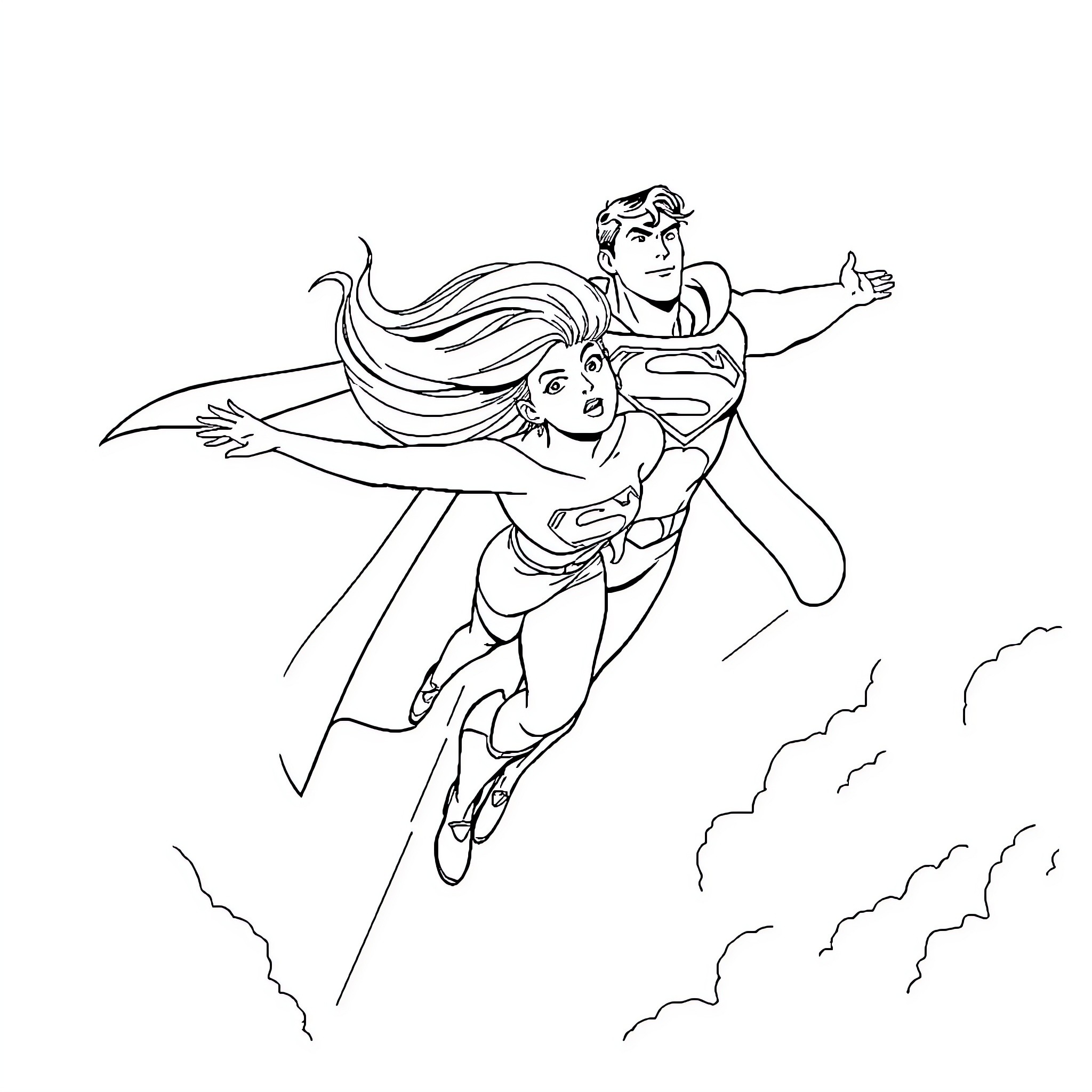 Superman and Wonder Woman soaring through the sky Coloring Page (free black-and-white line drawing printable PDF for all, from beginners to advanced learners, including children, teens, adults, and seniors)