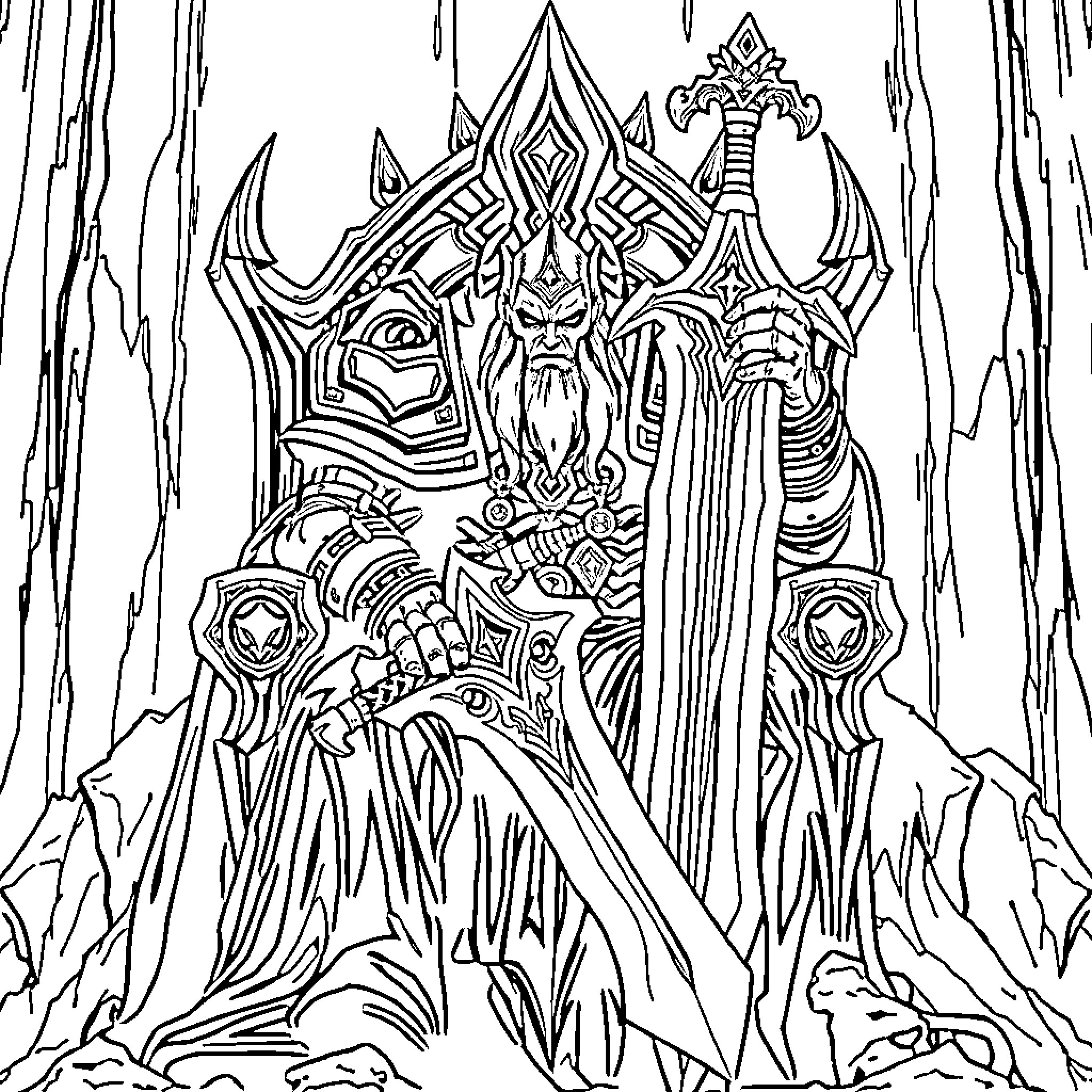 Arthas, the Lich King's Ominous Presence Coloring Page (free black-and-white line drawing printable PDF for all, from beginners to advanced learners, including children, teens, adults, and seniors)