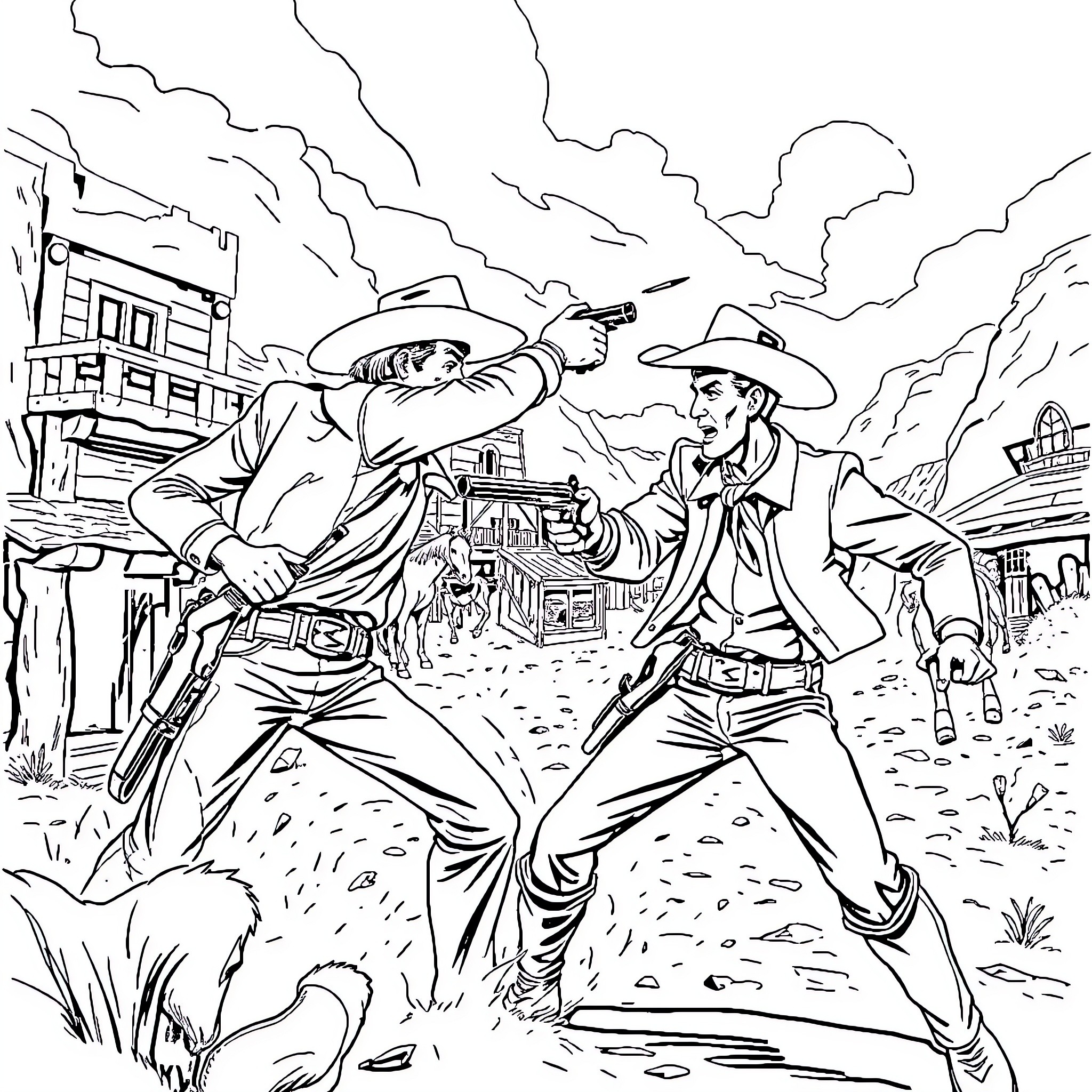 Lucky Luke's Western Adventure in the Wild Frontier Coloring Page (free black-and-white line drawing printable PDF for all, from beginners to advanced learners, including children, teens, adults, and seniors)