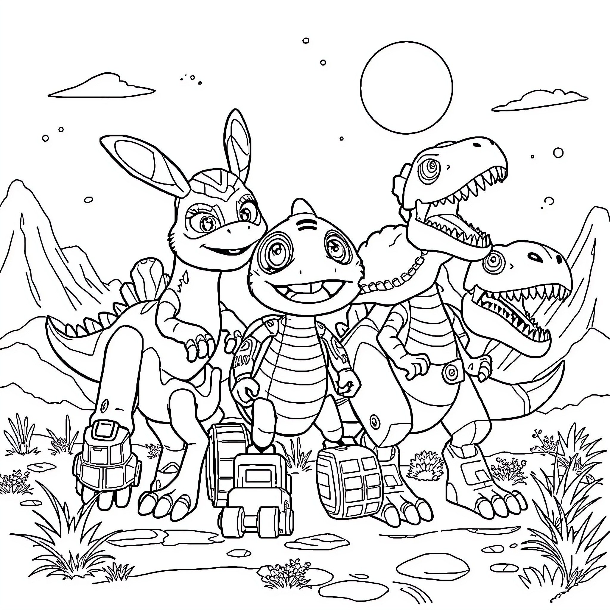 Paw Patrol Team Exploring Prehistoric Wilderness Coloring Page (free black-and-white line drawing printable PDF for all, from beginners to advanced learners, including children, teens, adults, and seniors)