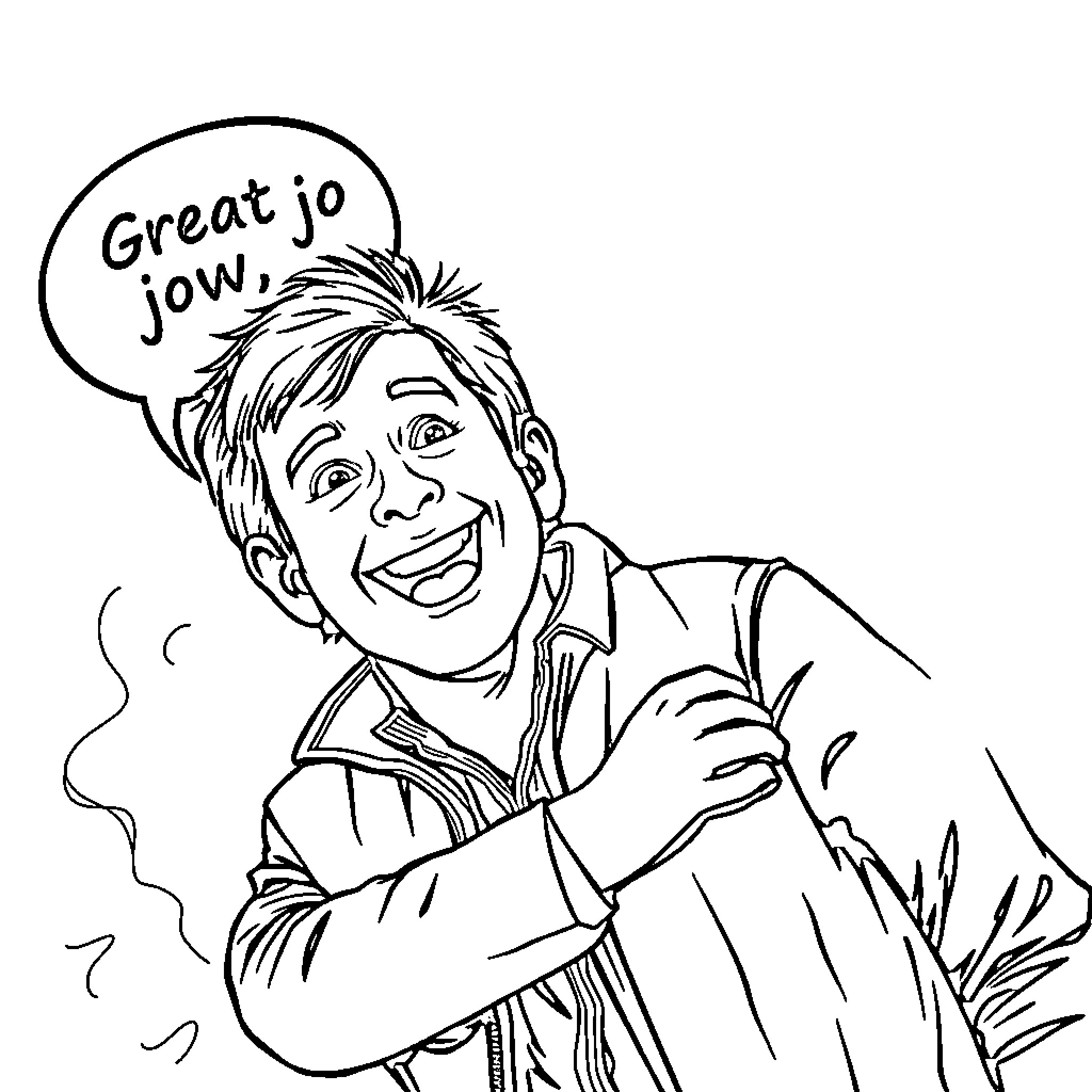 Marty McFly celebrating with enthusiasm Coloring Page (free black-and-white line drawing printable PDF for all, from beginners to advanced learners, including children, teens, adults, and seniors)