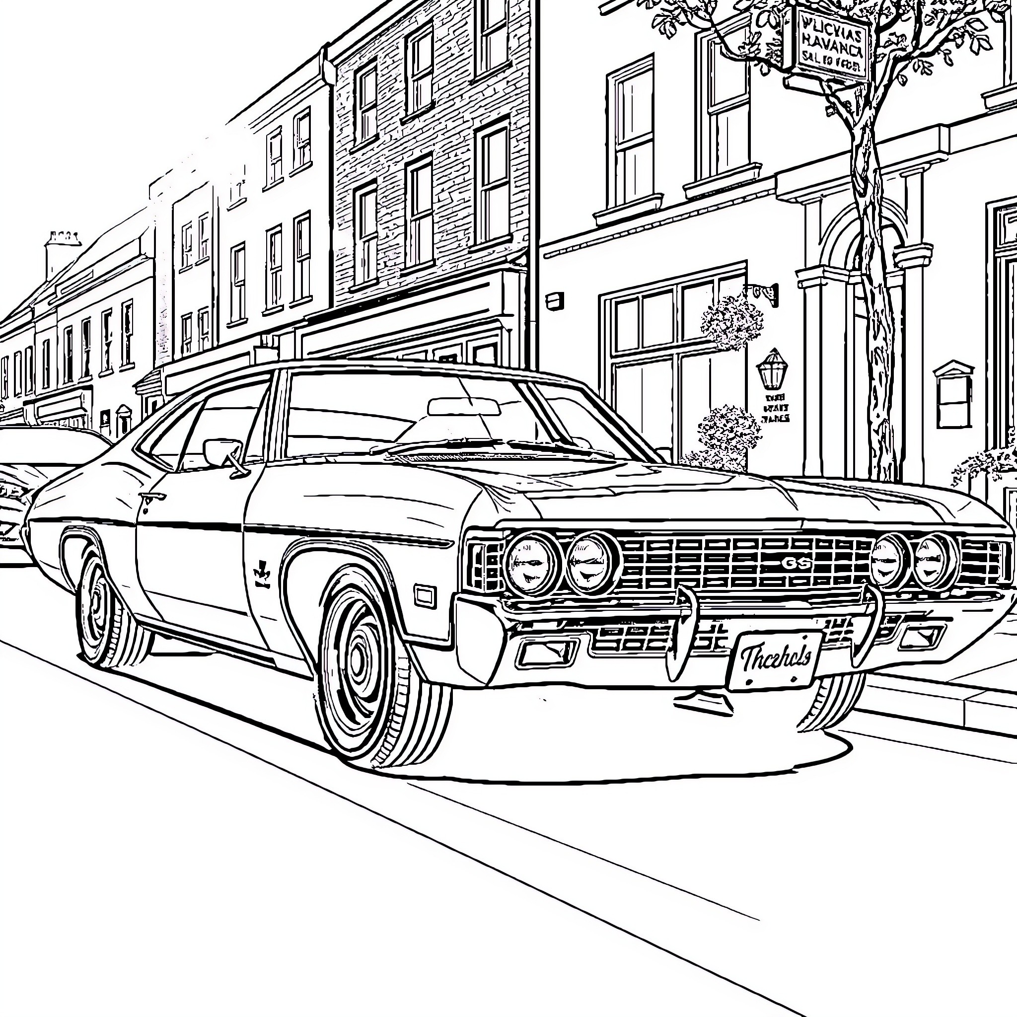 Chevy muscle car parked on city street Coloring Page (free black-and-white line drawing printable PDF for all, from beginners to advanced learners, including children, teens, adults, and seniors)
