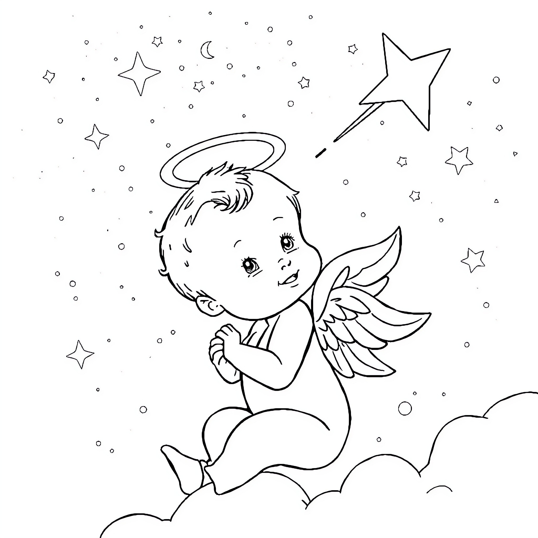 Baby angel gazing at falling star in the night sky Coloring Page (free black-and-white line drawing printable PDF for all, from beginners to advanced learners, including children, teens, adults, and seniors)