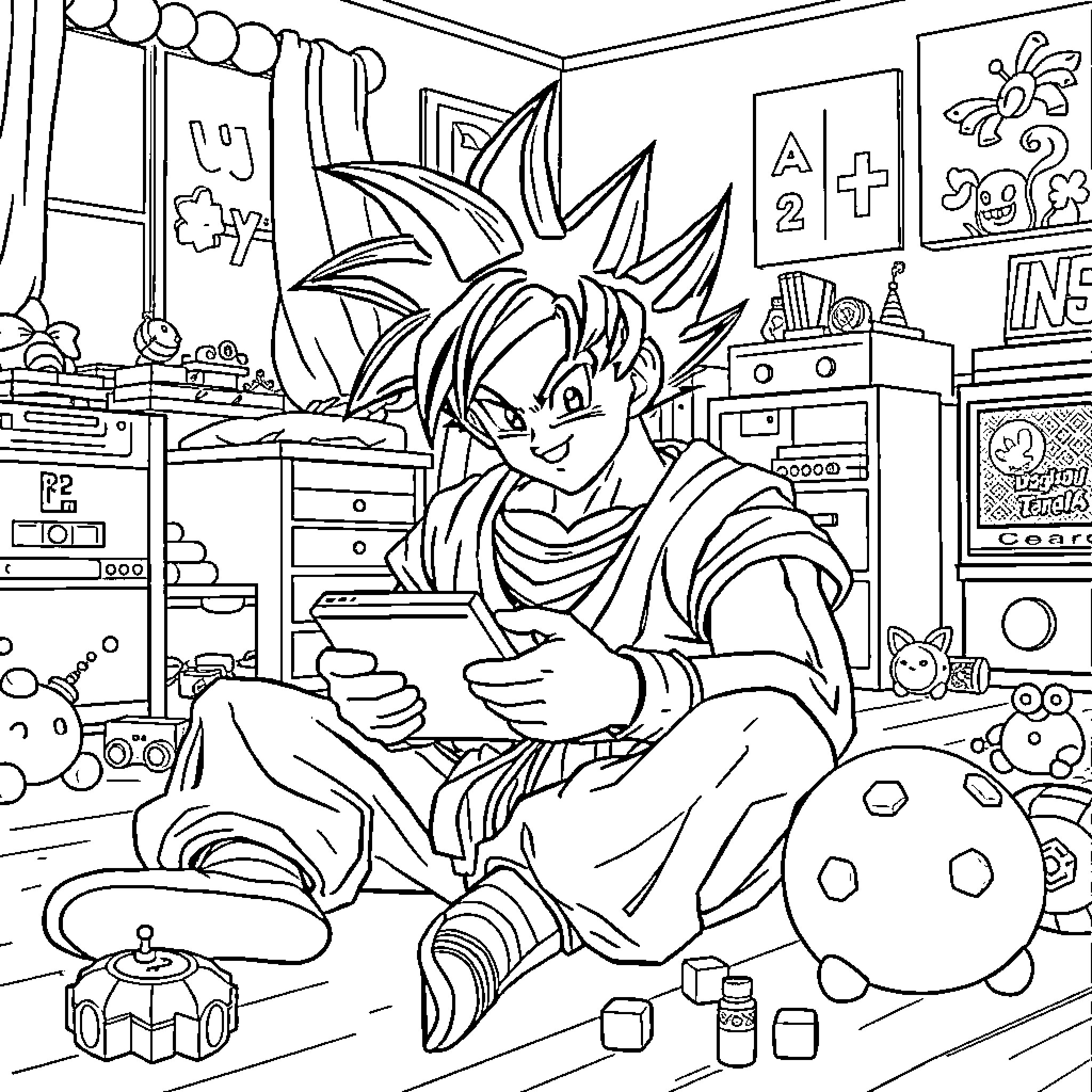 Son Goku Playing with Toys in His Cozy Room Coloring Page (free black-and-white line drawing printable PDF for all, from beginners to advanced learners, including children, teens, adults, and seniors)