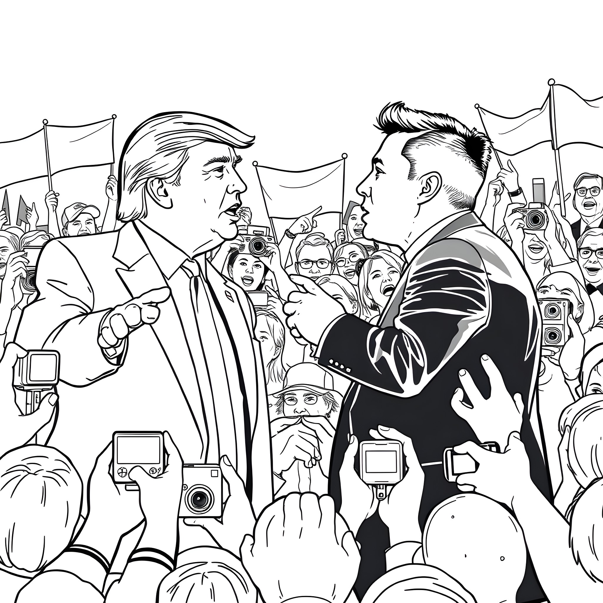 Donald Trump Debating with Political Opponent in Crowded Rally Coloring Page (free black-and-white line drawing printable PDF for all, from beginners to advanced learners, including children, teens, adults, and seniors)