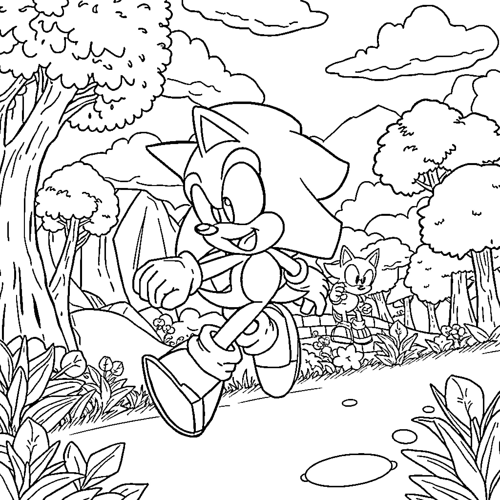 Sonic's Exciting Adventure in the Whimsical Forest Coloring Page (free black-and-white line drawing printable PDF for all, from beginners to advanced learners, including children, teens, adults, and seniors)