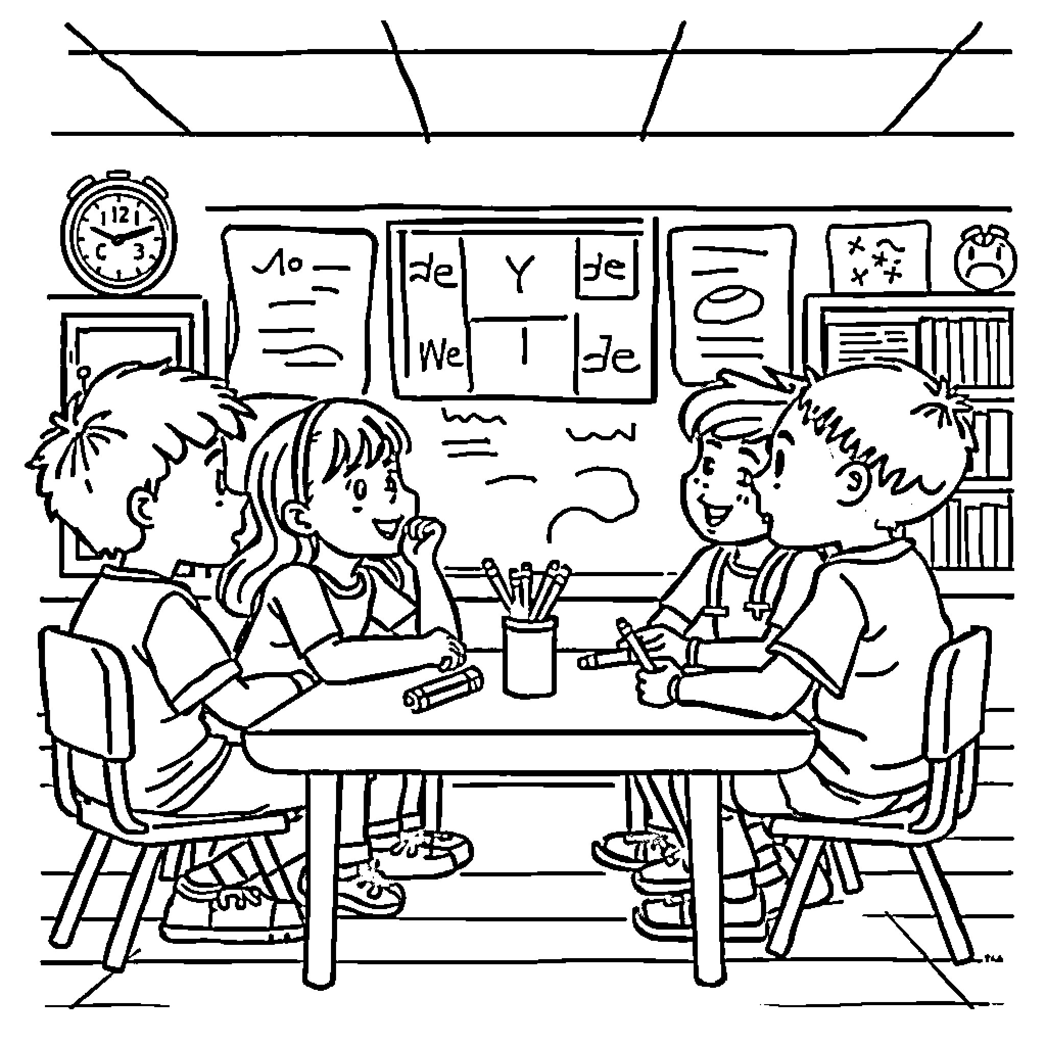 Social Emotional Learning: Students Collaborating in Classroom Coloring Page (free black-and-white line drawing printable PDF for all, from beginners to advanced learners, including children, teens, adults, and seniors)