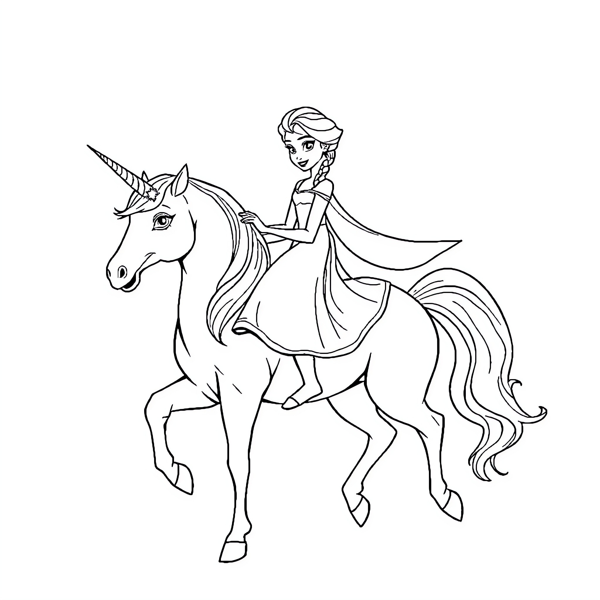 Elsa riding a magical unicorn Coloring Page (free black-and-white line drawing printable PDF for all, from beginners to advanced learners, including children, teens, adults, and seniors)