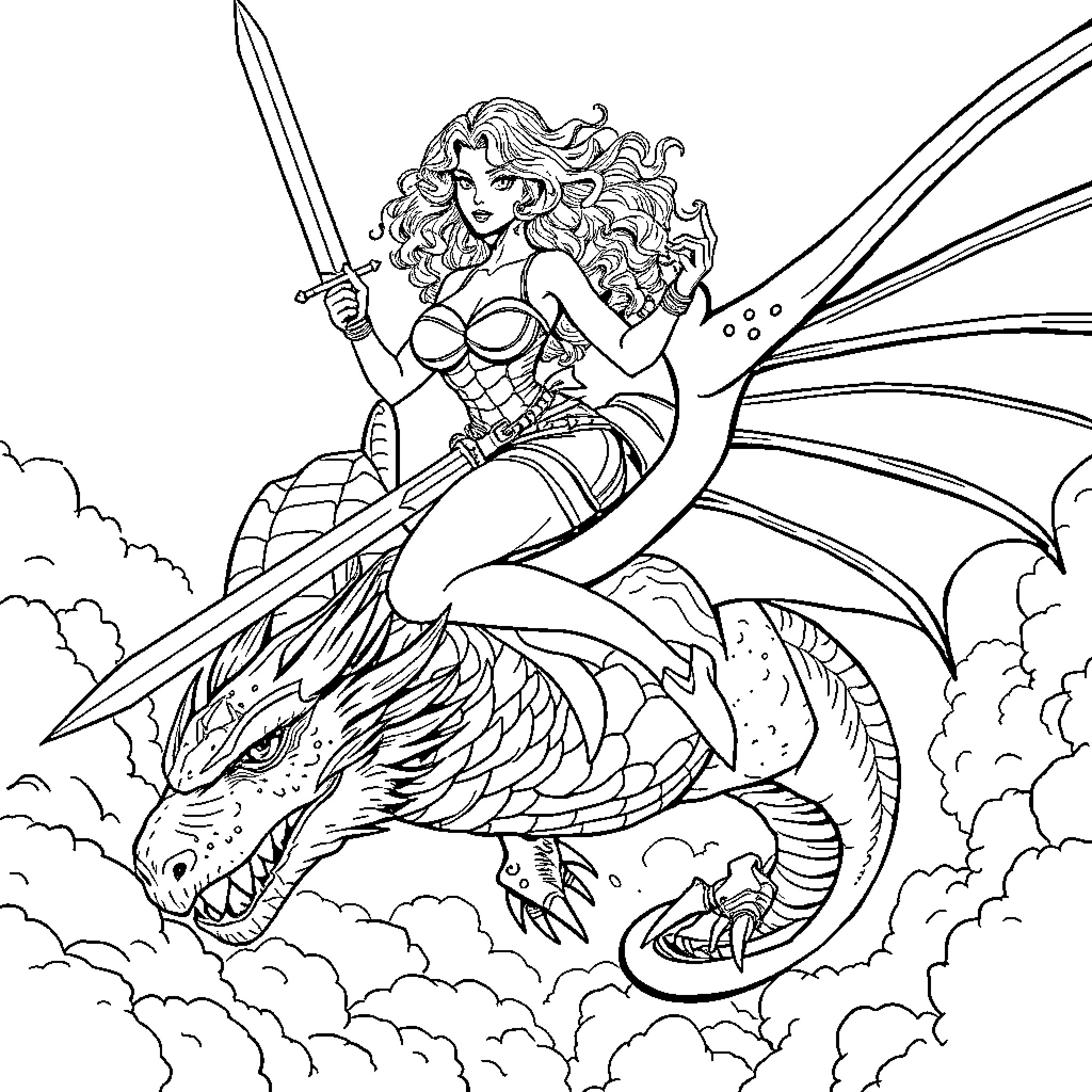 Woman Warrior Riding Mythical Dragon Coloring Page (free black-and-white line drawing printable PDF for all, from beginners to advanced learners, including children, teens, adults, and seniors)