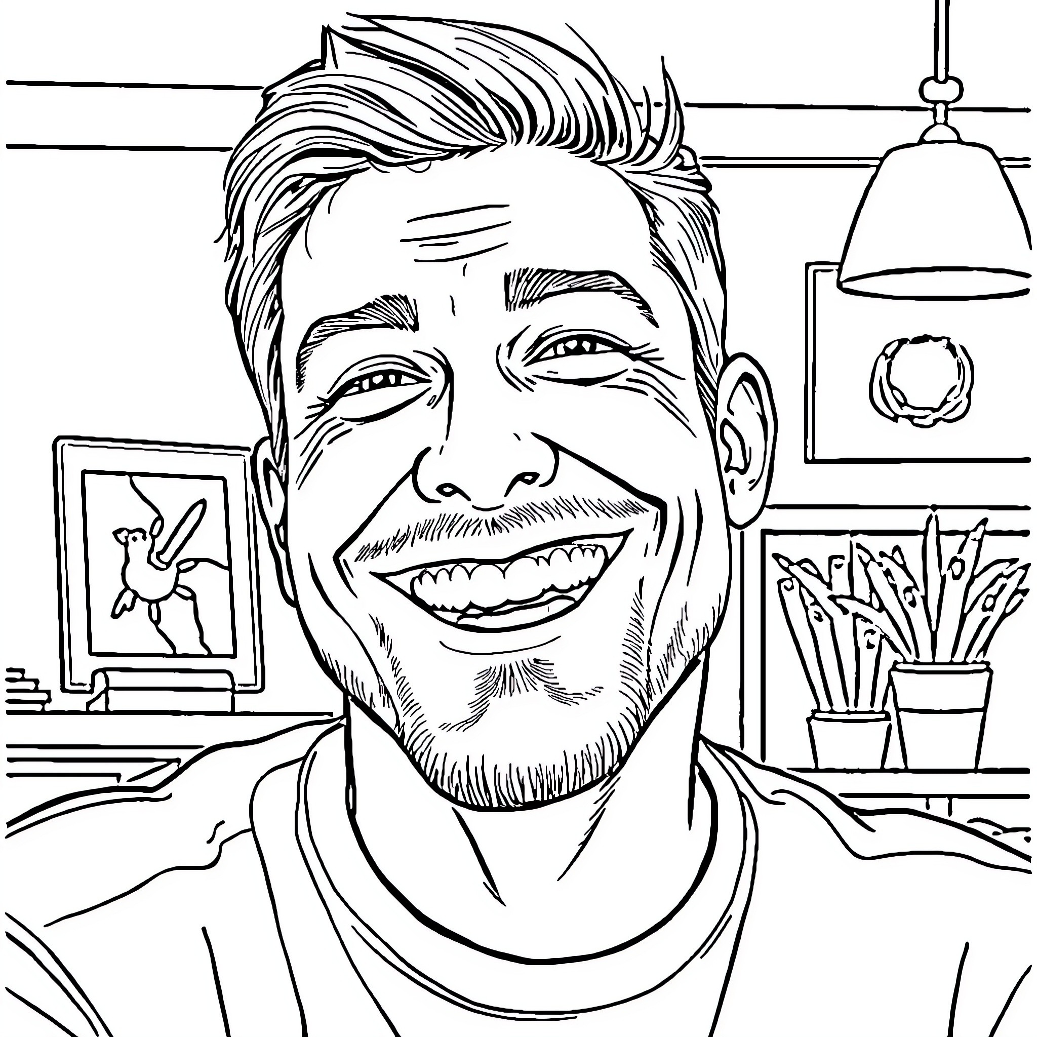 Man smiling joyfully in office environment Coloring Page (free black-and-white line drawing printable PDF for all, from beginners to advanced learners, including children, teens, adults, and seniors)