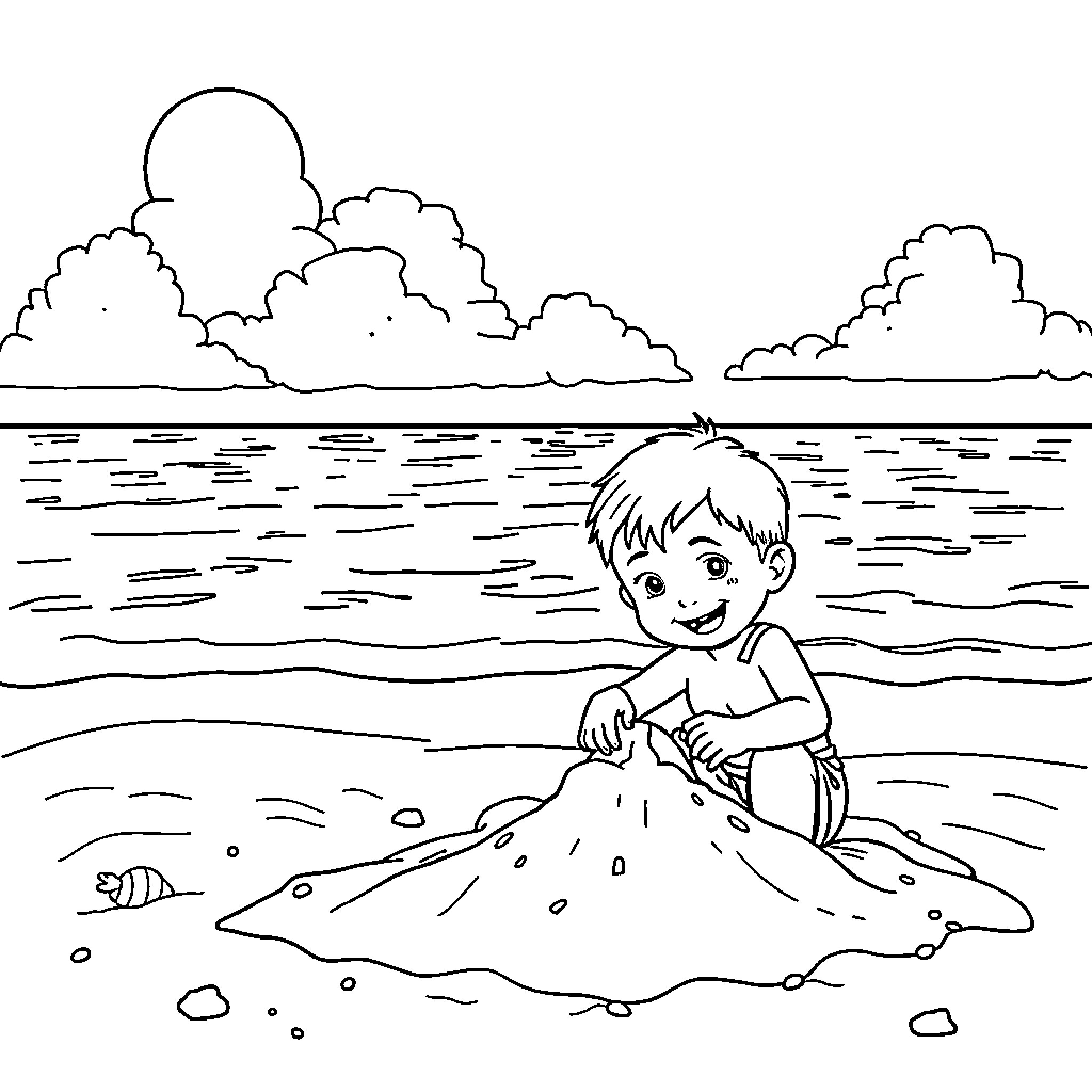 Kid playing happily in the beach sand Coloring Page (free black-and-white line drawing printable PDF for all, from beginners to advanced learners, including children, teens, adults, and seniors)