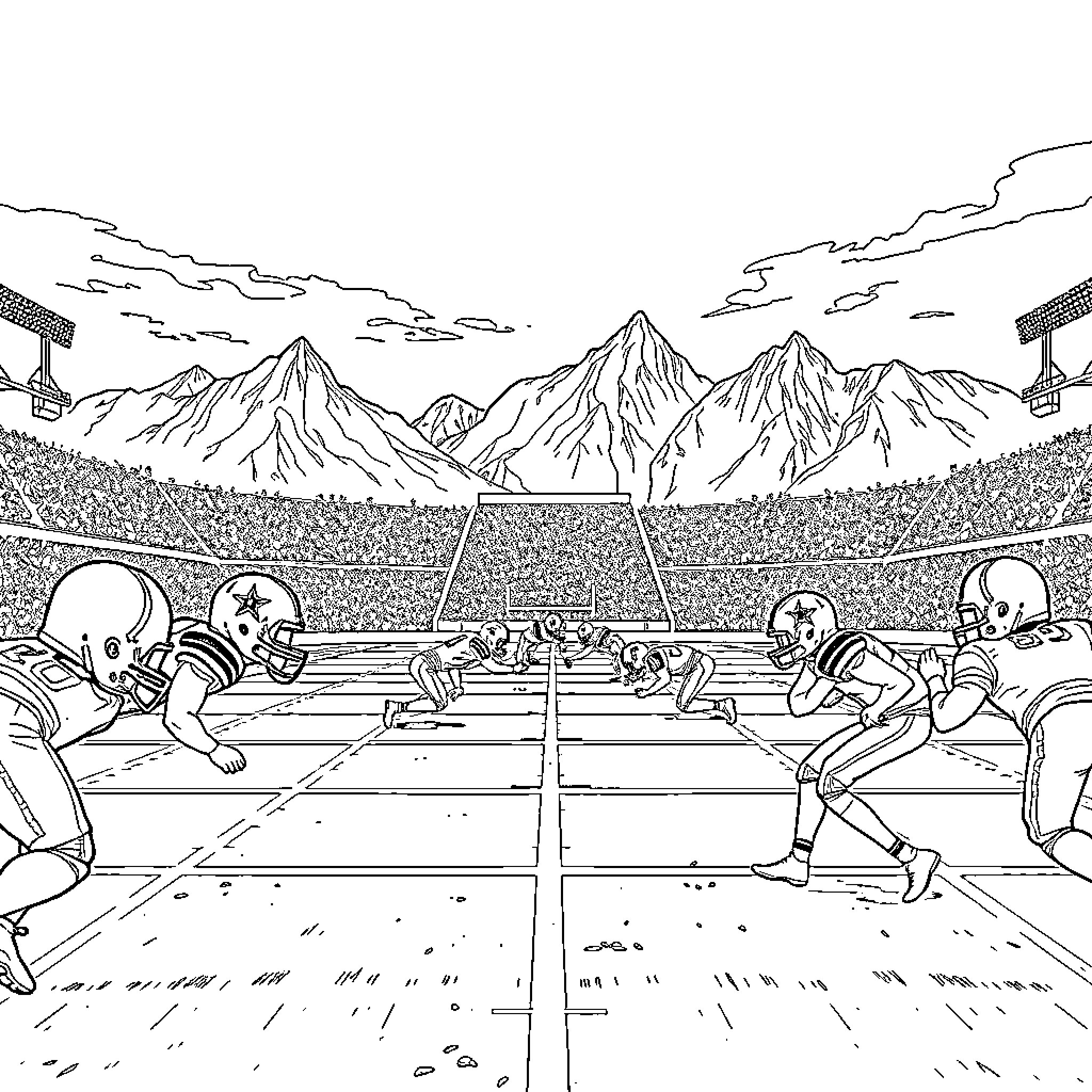 American Football Match in Mountainous Landscape Coloring Page (free black-and-white line drawing printable PDF for all, from beginners to advanced learners, including children, teens, adults, and seniors)