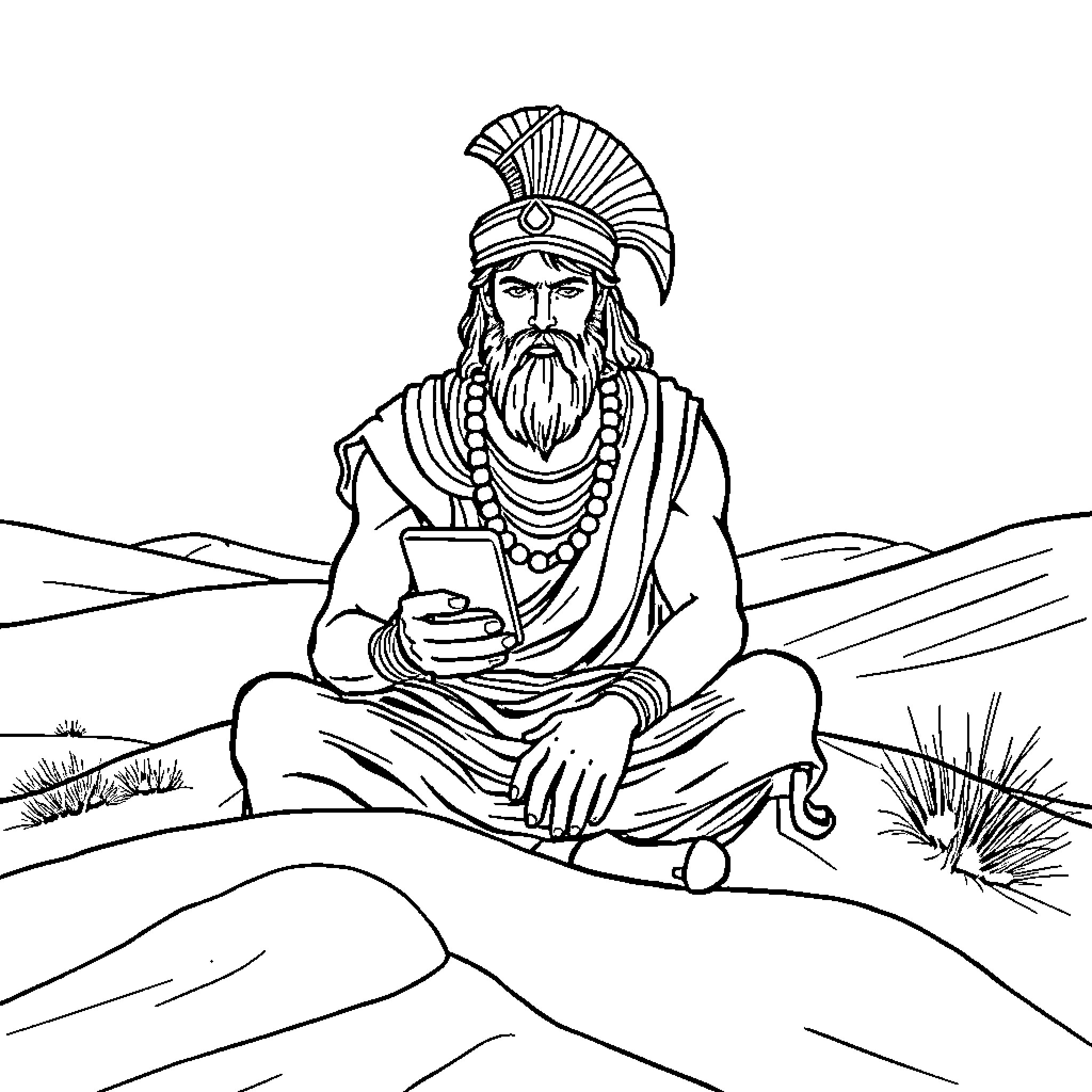Phone in the hands of a bearded man in traditional clothing Coloring Page (free black-and-white line drawing printable PDF for all, from beginners to advanced learners, including children, teens, adults, and seniors)