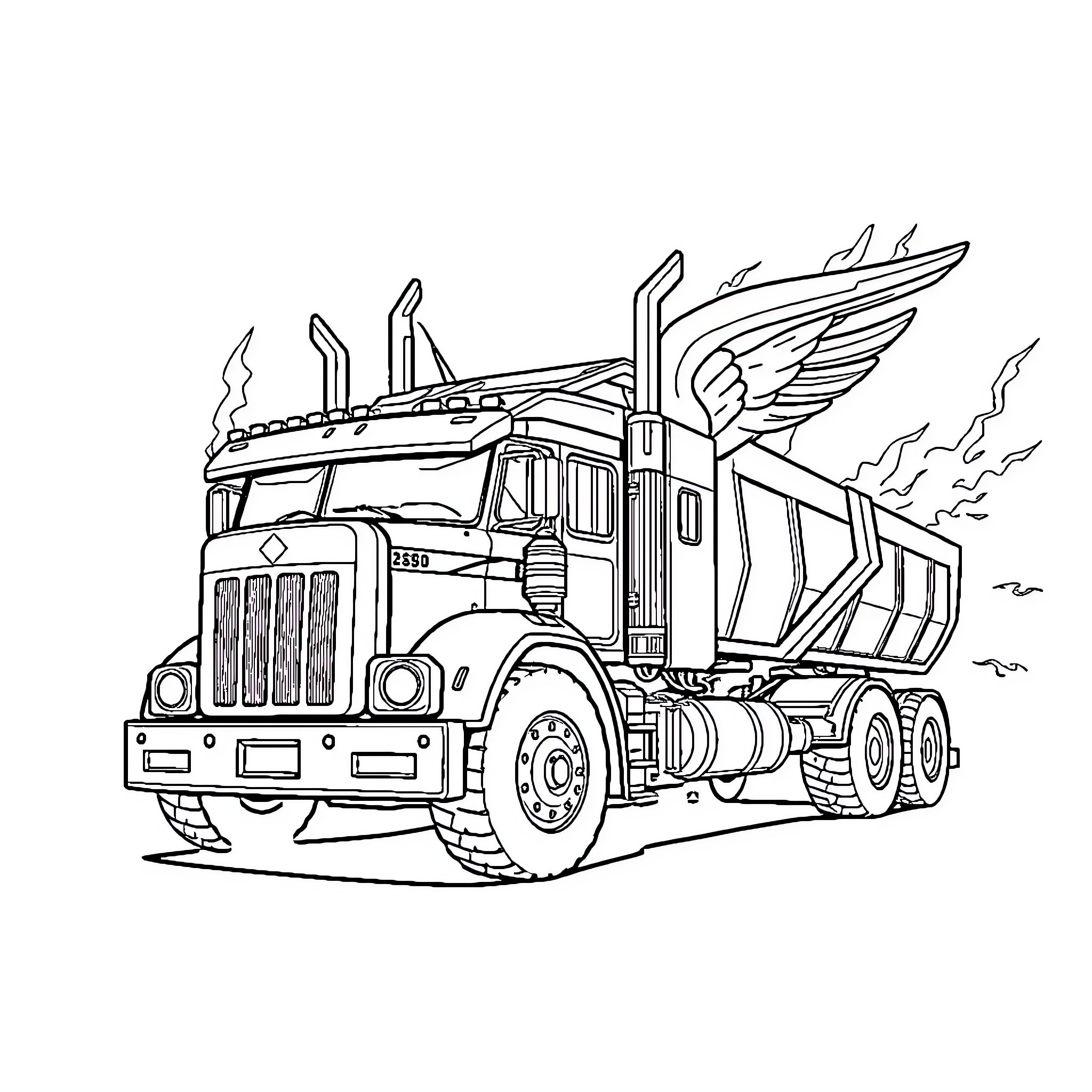 Truck with wings and horns on a journey Coloring Page (free black-and-white line drawing printable PDF for all, from beginners to advanced learners, including children, teens, adults, and seniors)