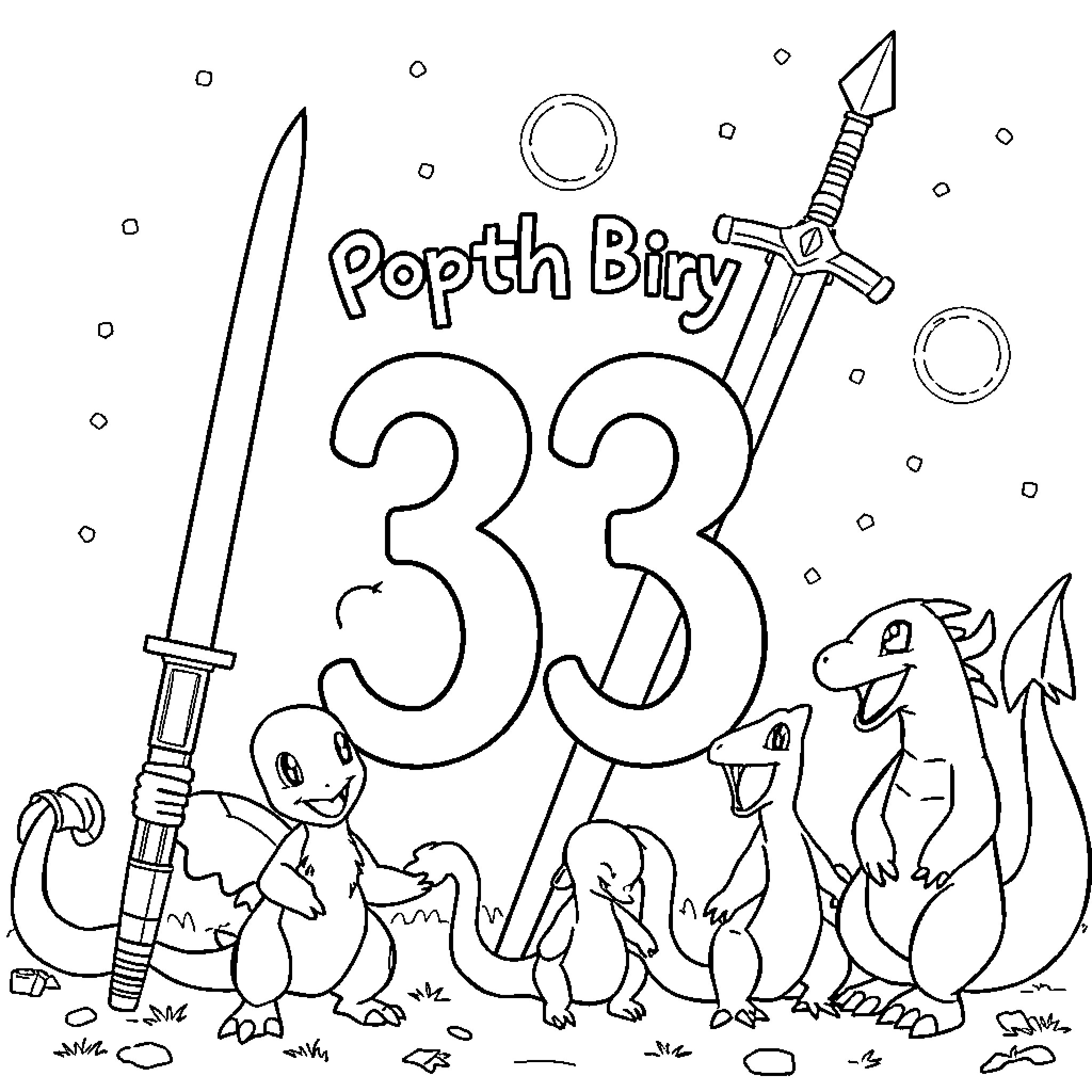 Number 33 with small dragons and large swords Coloring Page (free black-and-white line drawing printable PDF for all, from beginners to advanced learners, including children, teens, adults, and seniors)