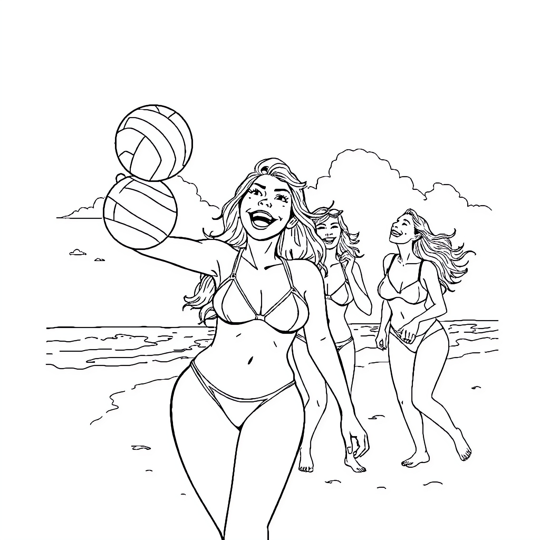 Lisa Ann and friends enjoy a day at the beach Coloring Page (free black-and-white line drawing printable PDF for all, from beginners to advanced learners, including children, teens, adults, and seniors)