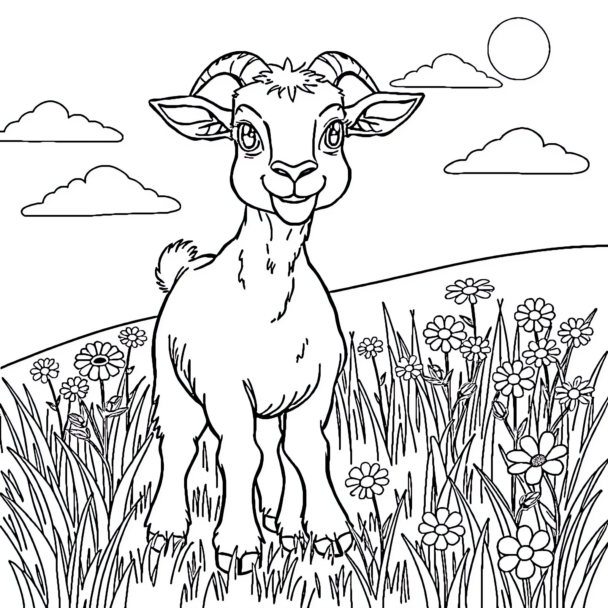 Goat happily grazing in a flowery meadow Coloring Page (free black-and-white line drawing printable PDF for all, from beginners to advanced learners, including children, teens, adults, and seniors)