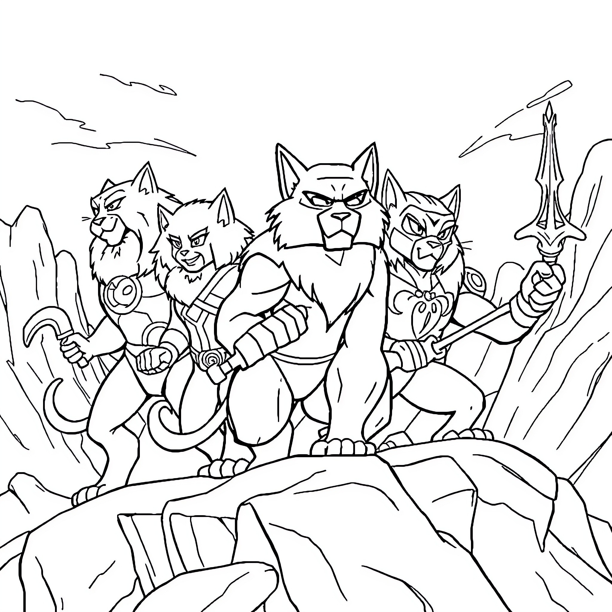 Thundercat heroes on a wild adventure Coloring Page (free black-and-white line drawing printable PDF for all, from beginners to advanced learners, including children, teens, adults, and seniors)