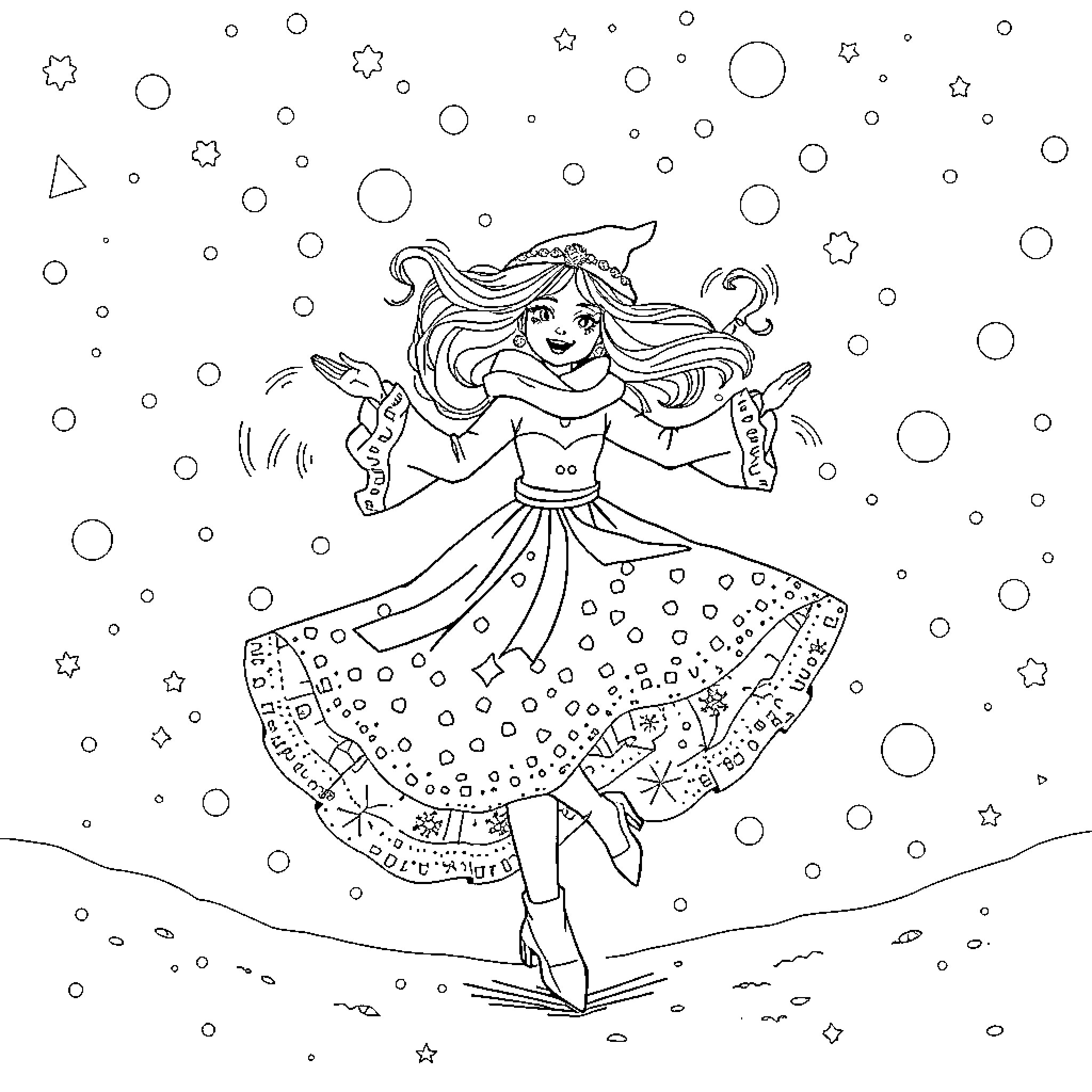Elza's Joyful Dance in the Starry Night Coloring Page (free black-and-white line drawing printable PDF for all, from beginners to advanced learners, including children, teens, adults, and seniors)