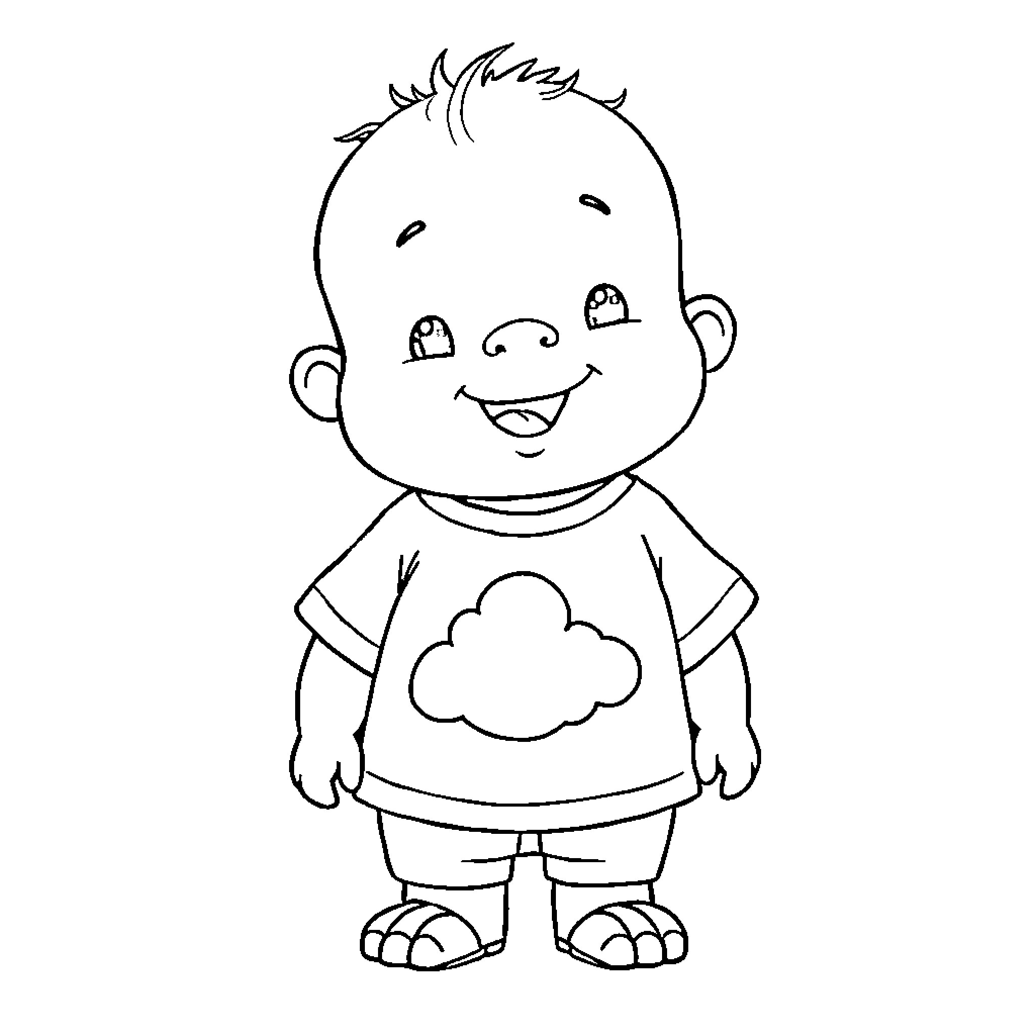 Bubu the cheerful child in cloud shirt Coloring Page (free black-and-white line drawing printable PDF for all, from beginners to advanced learners, including children, teens, adults, and seniors)