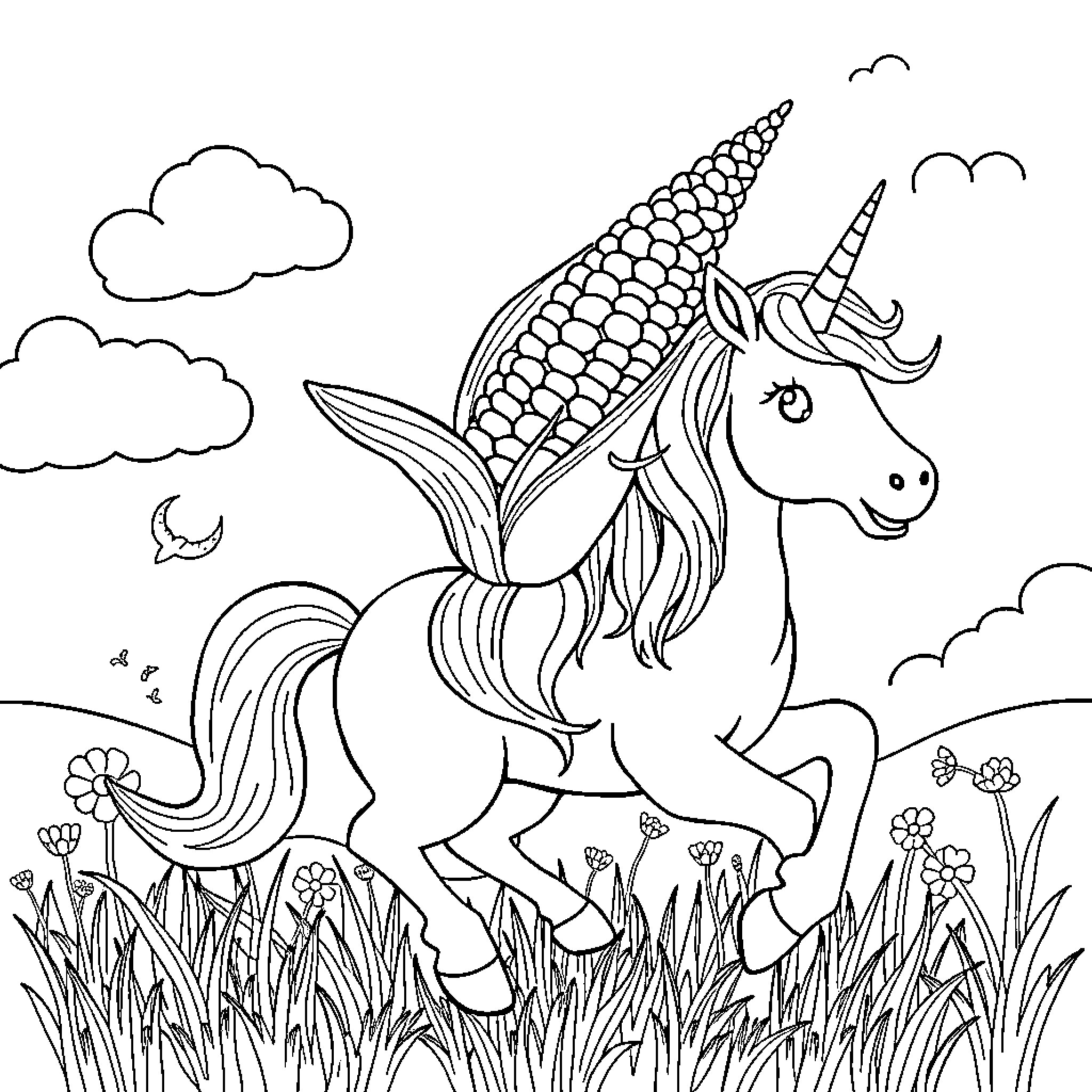 Corn unicorn frolicking in a meadow Coloring Page (free black-and-white line drawing printable PDF for all, from beginners to advanced learners, including children, teens, adults, and seniors)