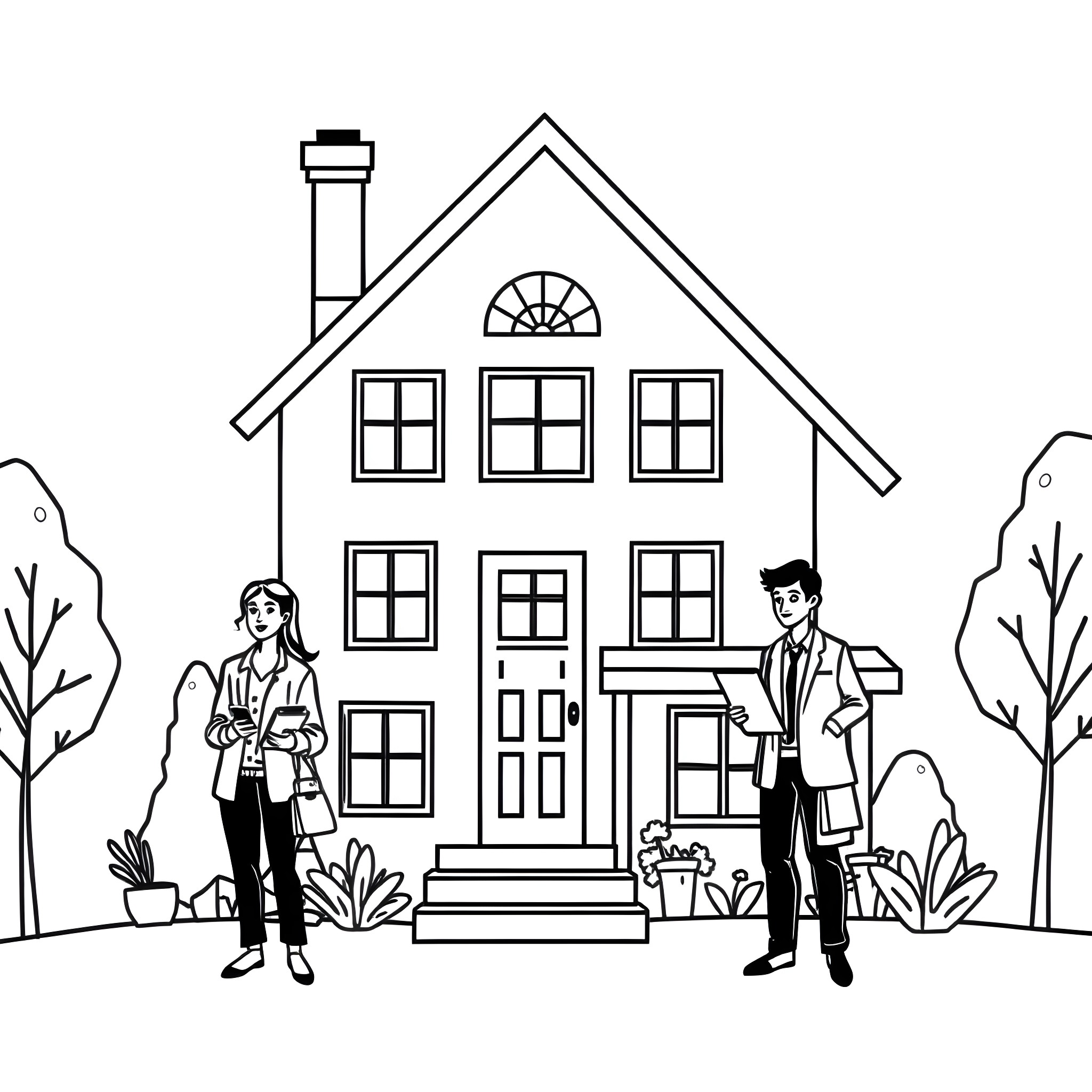 Home Buyer Couple Examining House Exterior Coloring Page (free black-and-white line drawing printable PDF for all, from beginners to advanced learners, including children, teens, adults, and seniors)