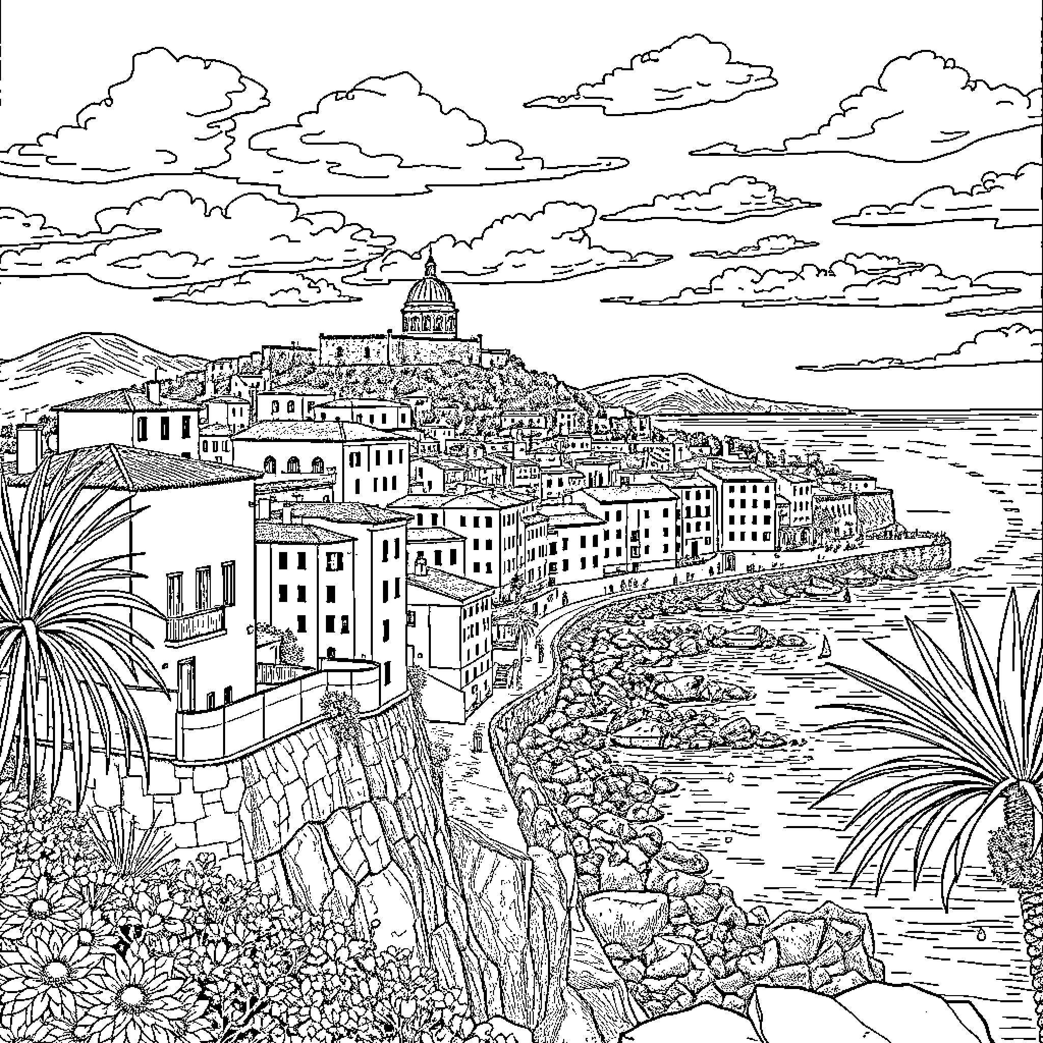 Alghero: Scenic Coastal Town with Charming Architecture Coloring Page (free black-and-white line drawing printable PDF for all, from beginners to advanced learners, including children, teens, adults, and seniors)