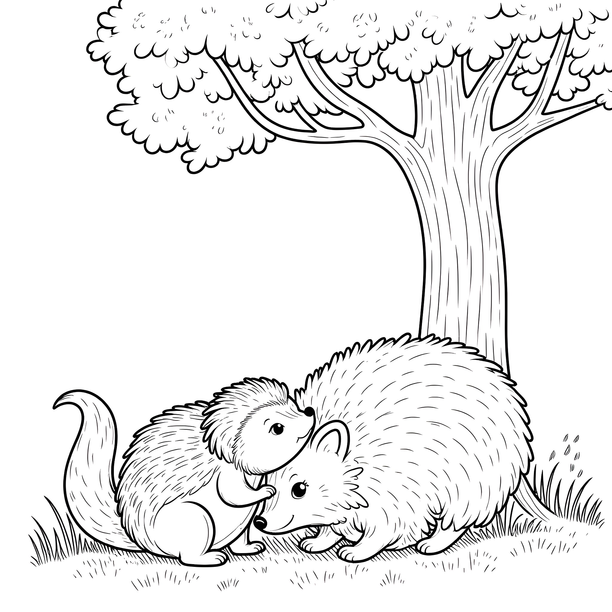 Hedgehogs Cuddling Beneath a Tree Coloring Page (free black-and-white line drawing printable PDF for all, from beginners to advanced learners, including children, teens, adults, and seniors)