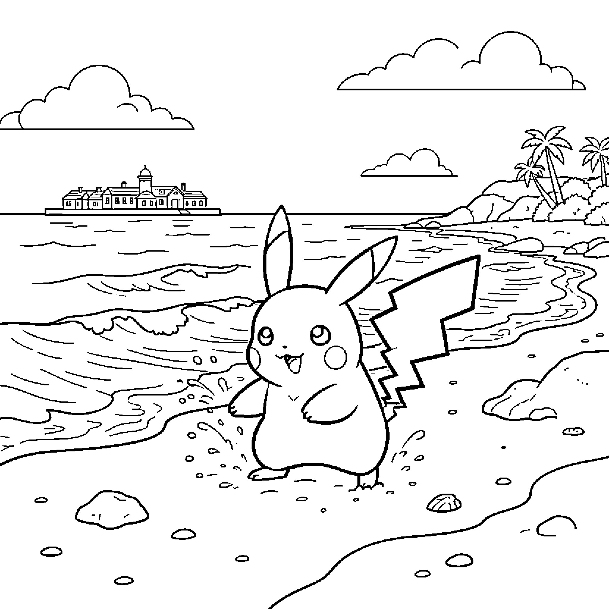 Pikachu playing happily on a sunny beach Coloring Page (free black-and-white line drawing printable PDF for all, from beginners to advanced learners, including children, teens, adults, and seniors)