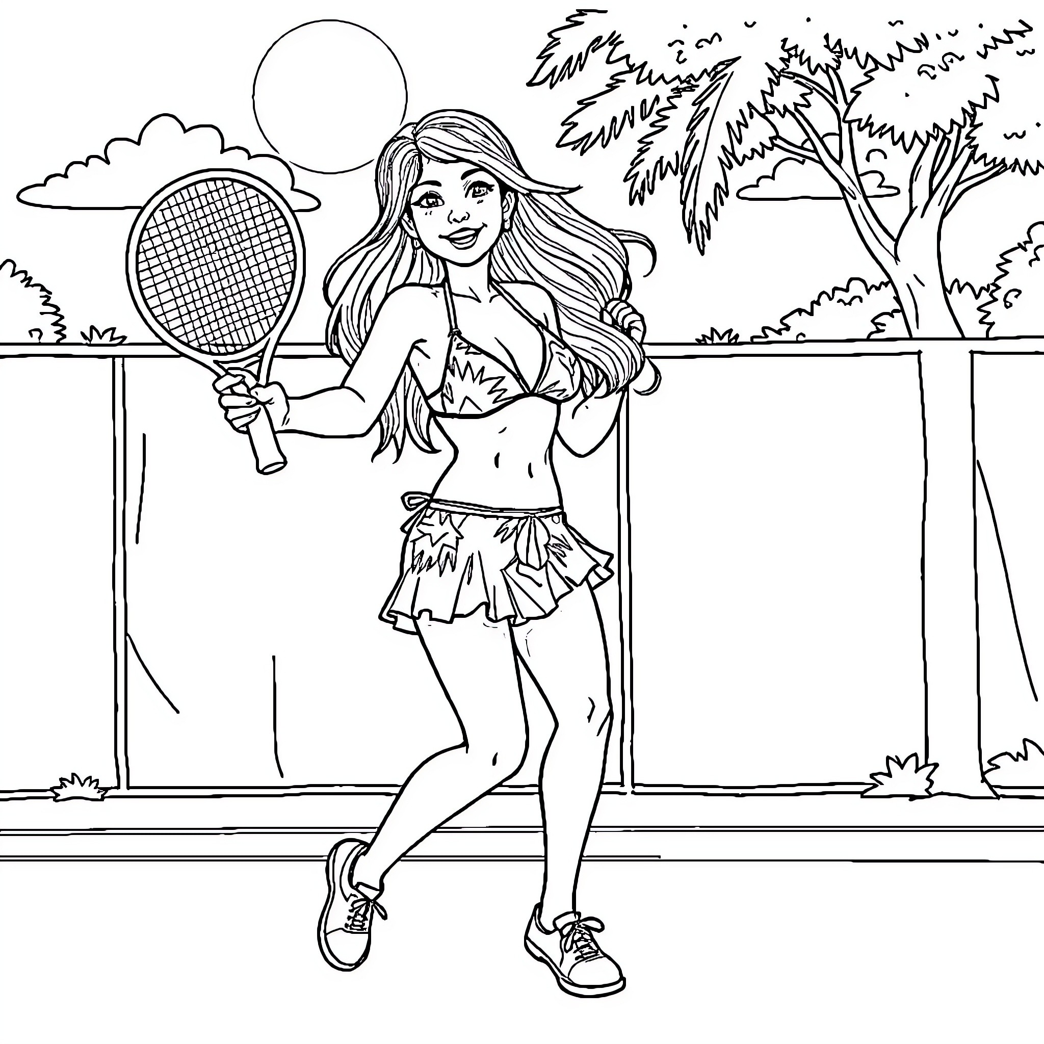 Bailey Jay playing tennis on the court Coloring Page (free black-and-white line drawing printable PDF for all, from beginners to advanced learners, including children, teens, adults, and seniors)