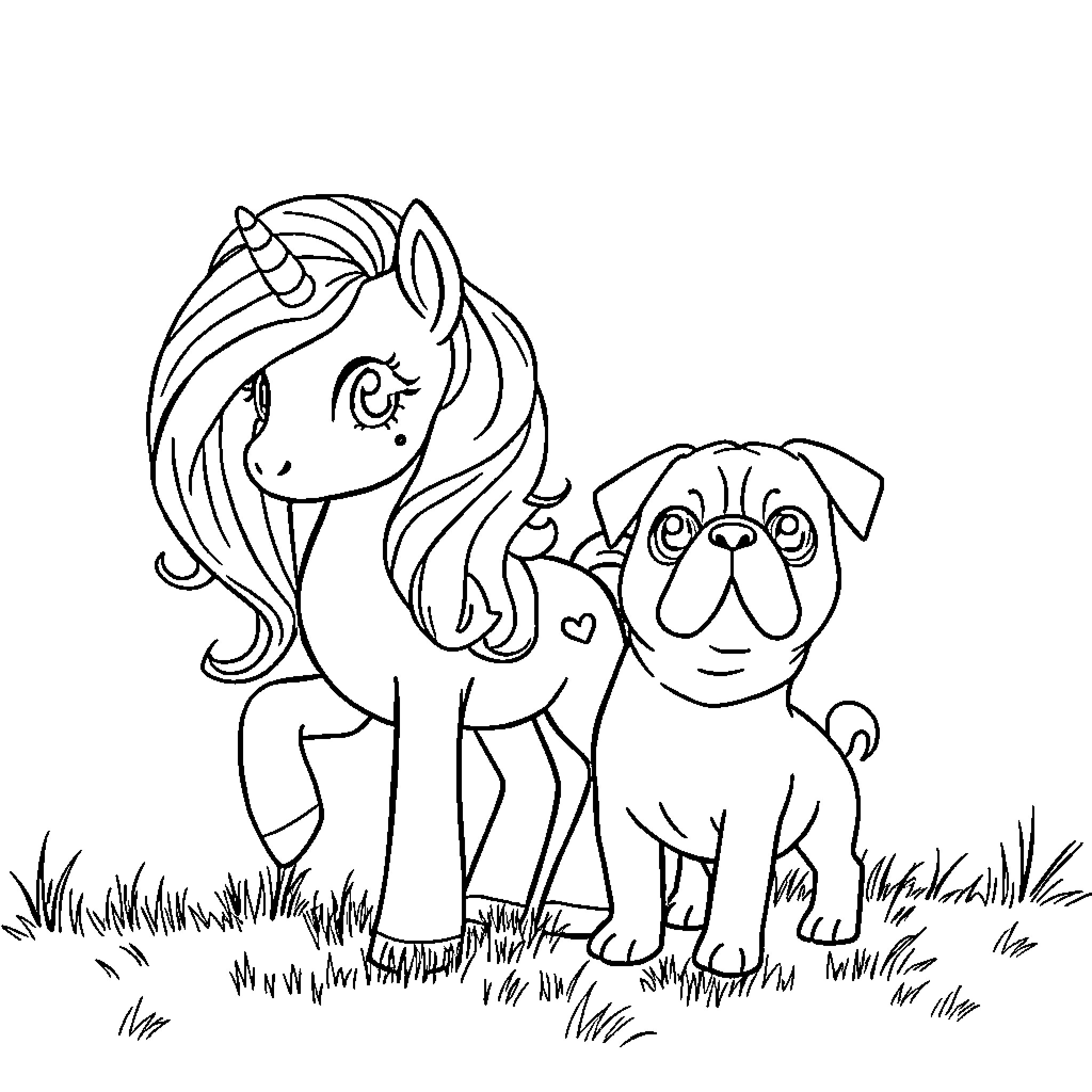 Pony and Pug Exploring the Outdoors Coloring Page (free black-and-white line drawing printable PDF for all, from beginners to advanced learners, including children, teens, adults, and seniors)