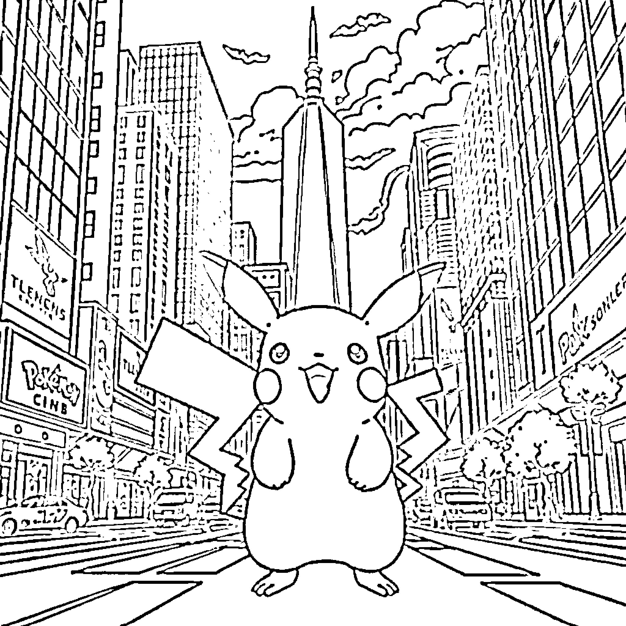 Pikachu exploring the bustling city Coloring Page (free black-and-white line drawing printable PDF for all, from beginners to advanced learners, including children, teens, adults, and seniors)