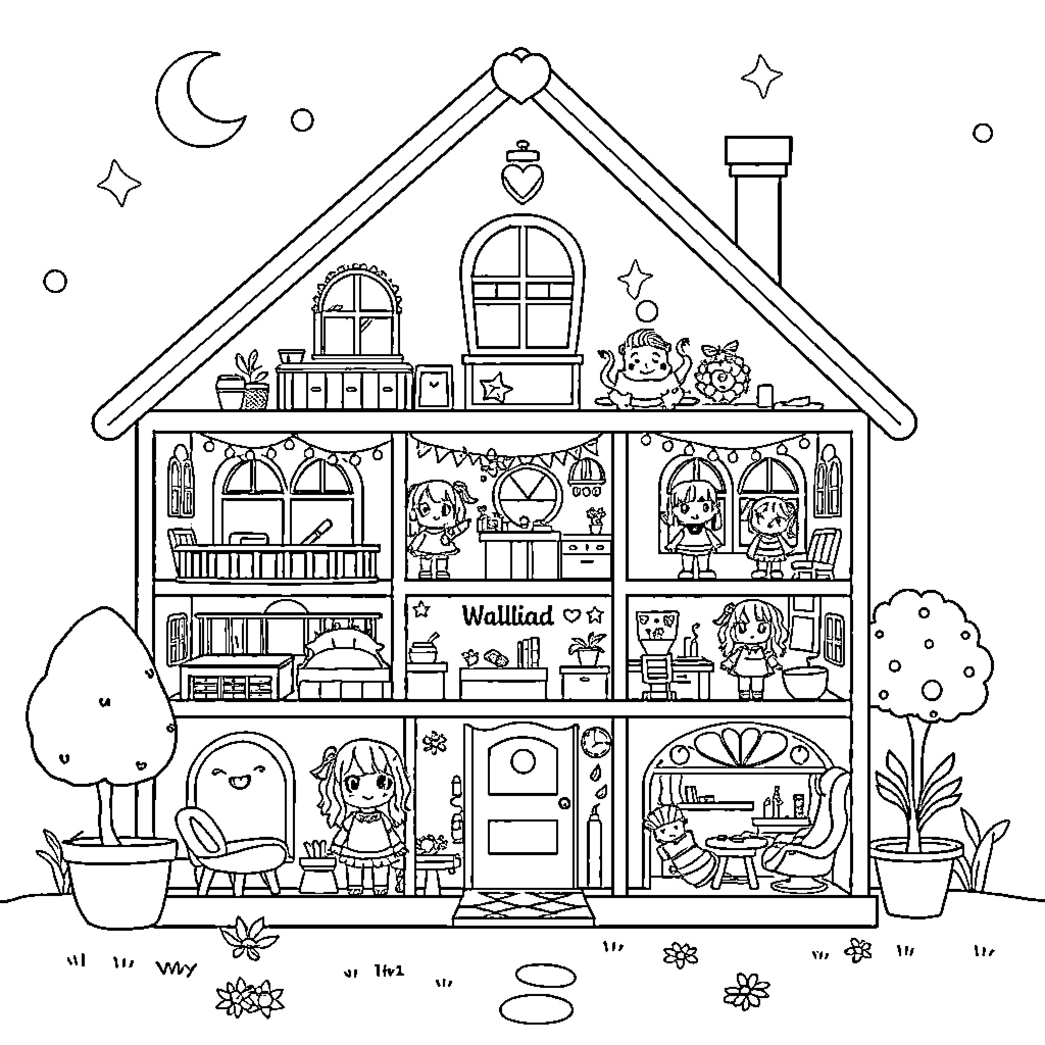 Gabby Dollhouse with diverse characters and cozy home scenes Coloring Page (free black-and-white line drawing printable PDF for all, from beginners to advanced learners, including children, teens, adults, and seniors)