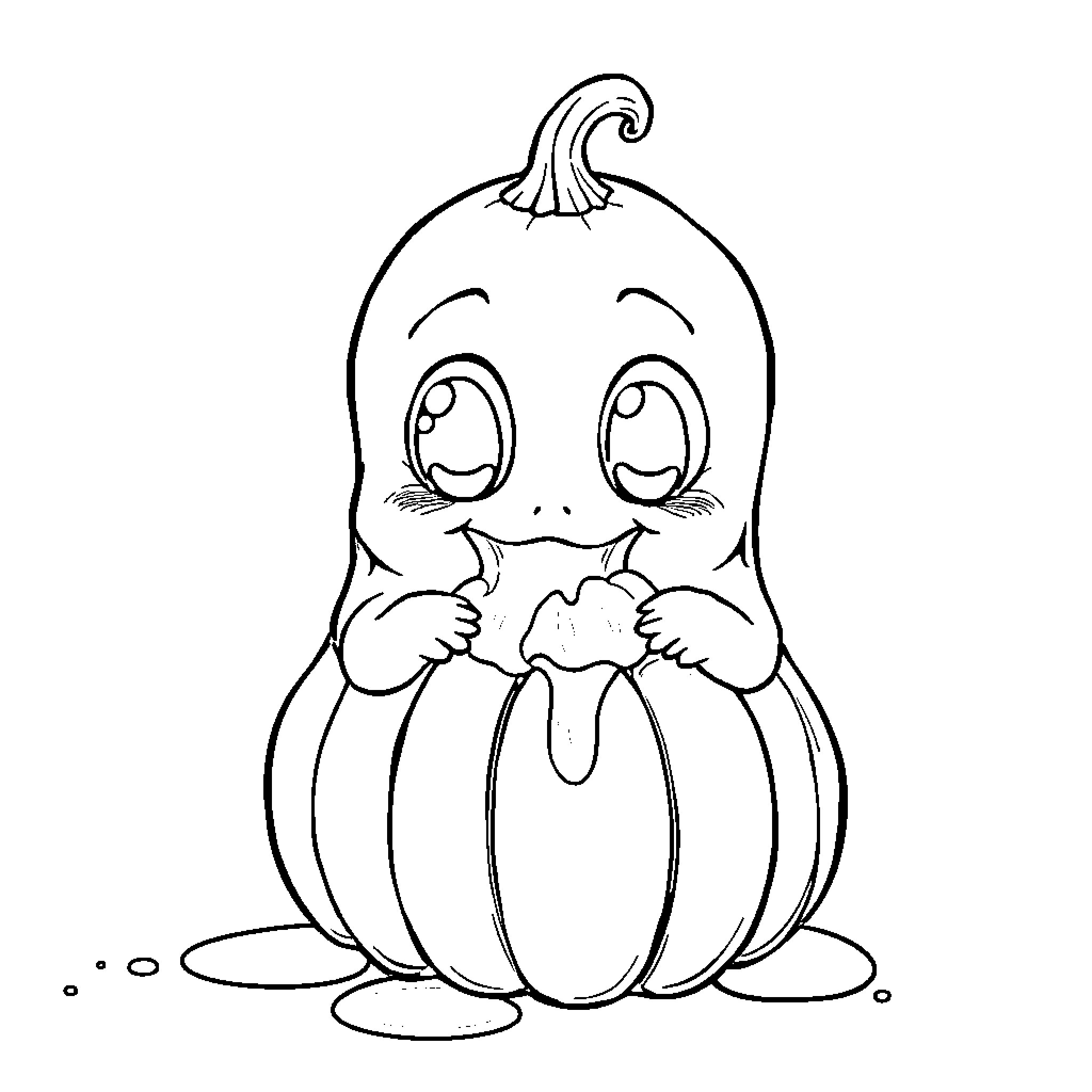 Ghost-like pumpkin character with big eyes and smile Coloring Page (free black-and-white line drawing printable PDF for all, from beginners to advanced learners, including children, teens, adults, and seniors)
