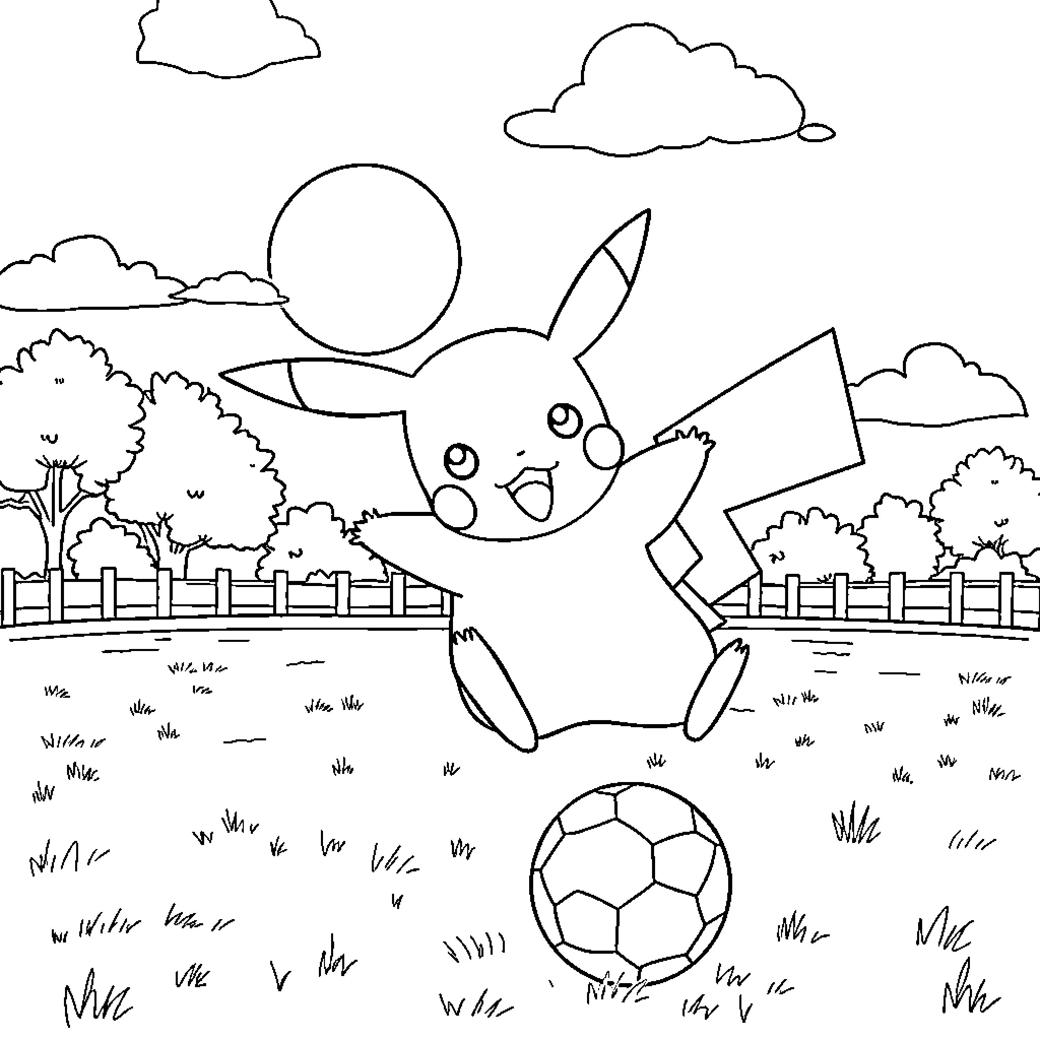 Pikachu playing with a soccer ball in the park Coloring Page (free black-and-white line drawing printable PDF for all, from beginners to advanced learners, including children, teens, adults, and seniors)