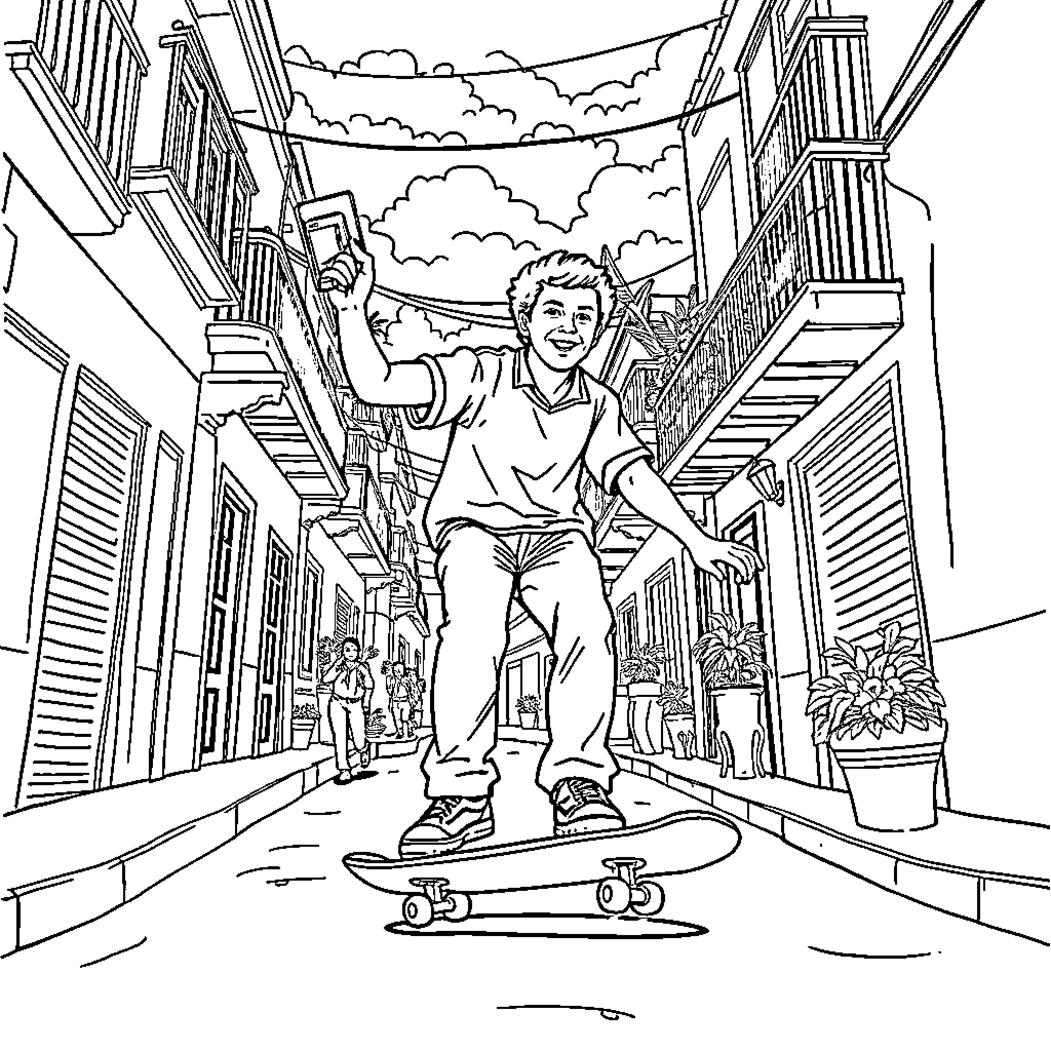 Cristobal Colon skateboarding through the city streets Coloring Page (free black-and-white line drawing printable PDF for all, from beginners to advanced learners, including children, teens, adults, and seniors)